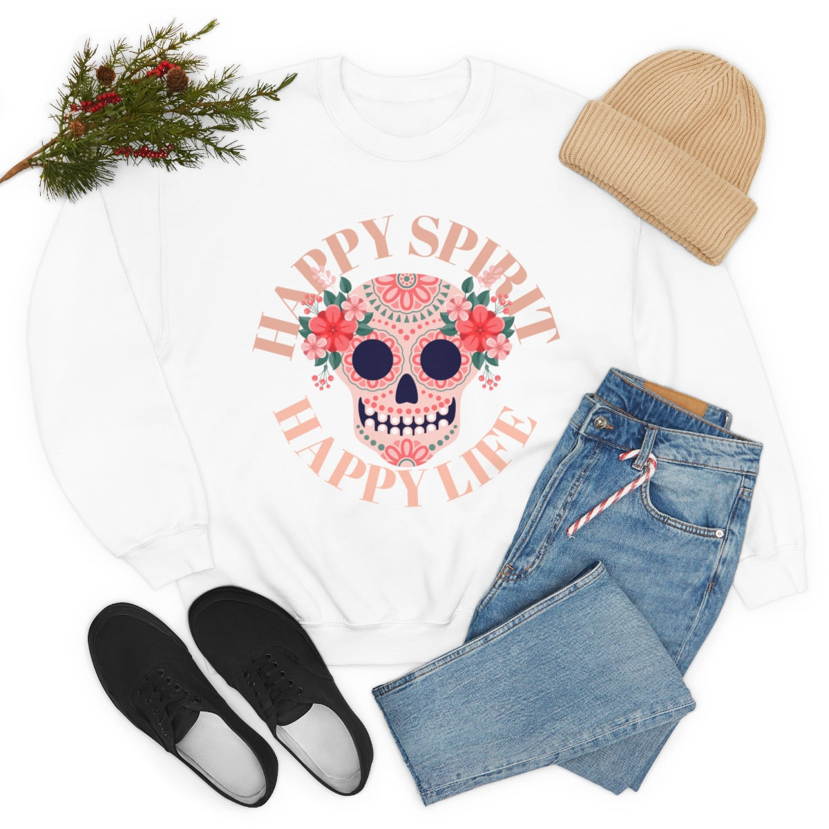 Dia De Los Muertos Crewneck Sweatshirt, Day of the Dead Gift, Happy Spirit Happy Life, Honoring the Dead Aesthetic Candy Skull, Sugar Skull