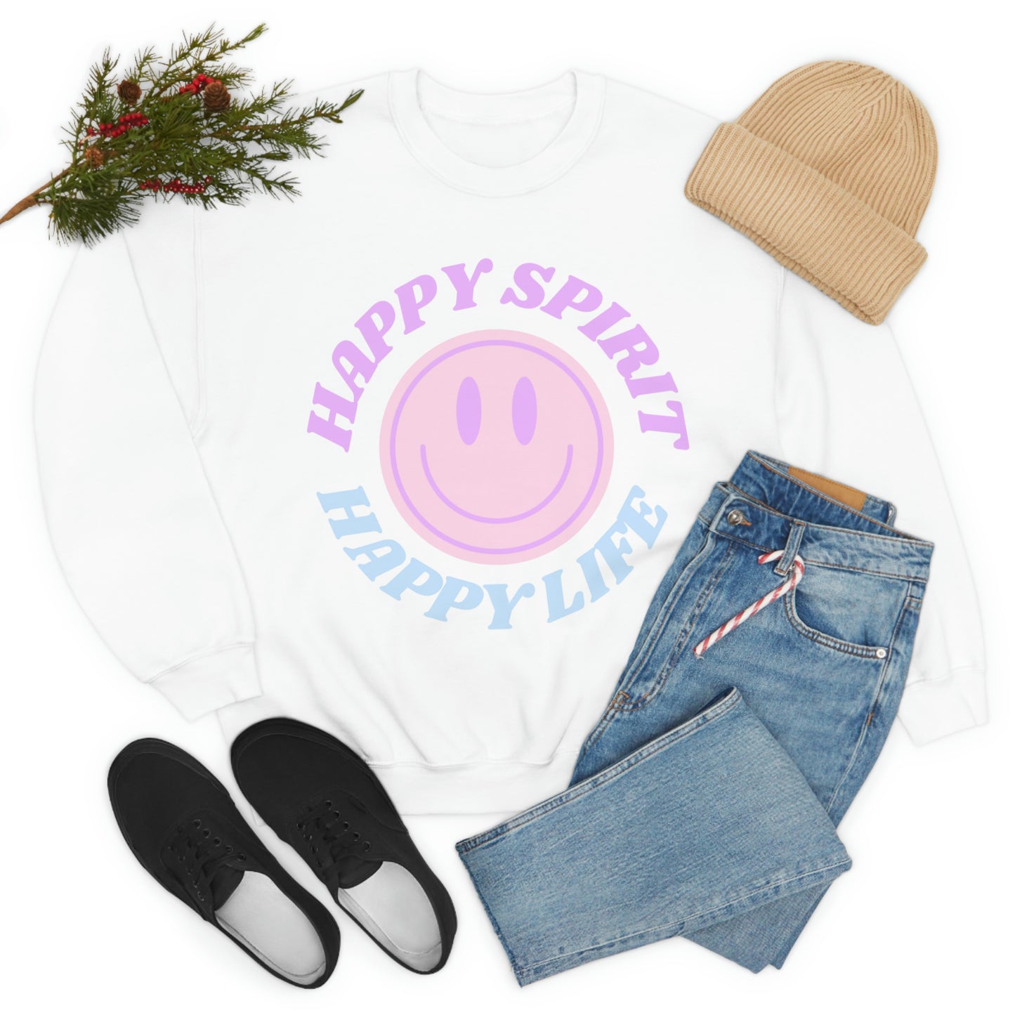 Happy Spirit Happy Life Sweatshirt, VSCO Girl Crewneck, Oversized Retro Font Graphic Tumblr, Front Print Smile Face Trendy Cover Up