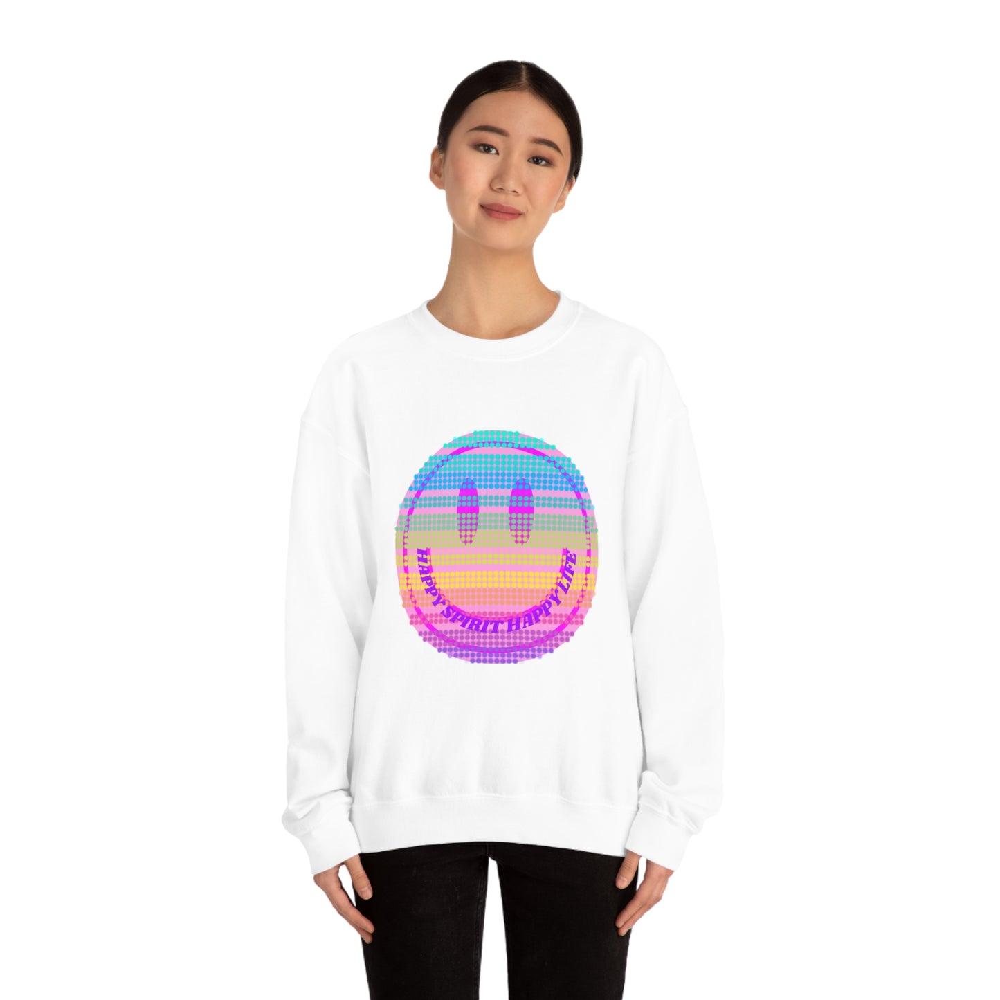 Happy Spirit Happy Life Sweatshirt, VSCO Girl Crewneck, Oversized Retro Font Graphic Tumblr, Front Print Smile Face Trendy Cover Up