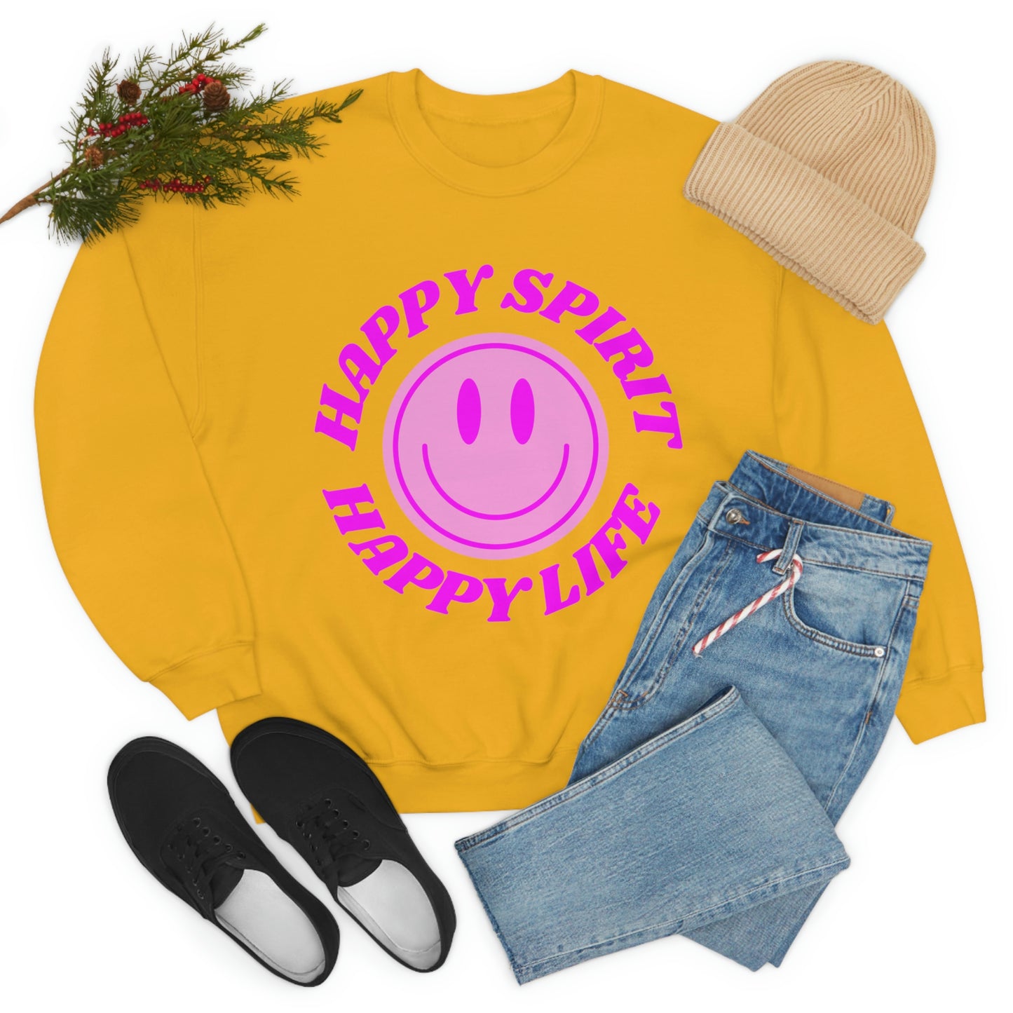 Happy Spirit Happy Life Sweatshirt, VSCO Girl Crewneck, Oversized Retro Font Graphic Tumblr, Front Print Smile Face Trendy Cover Up