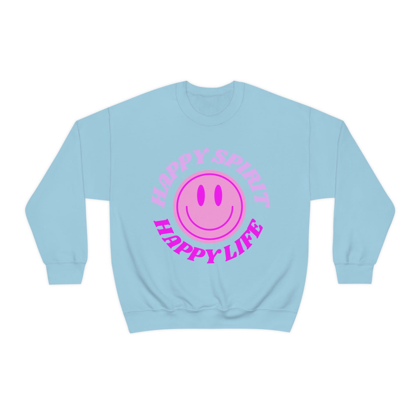 Happy Spirit Happy Life Sweatshirt, VSCO Girl Crewneck, Oversized Retro Font Graphic Tumblr, Front Print Smile Face Trendy Cover Up