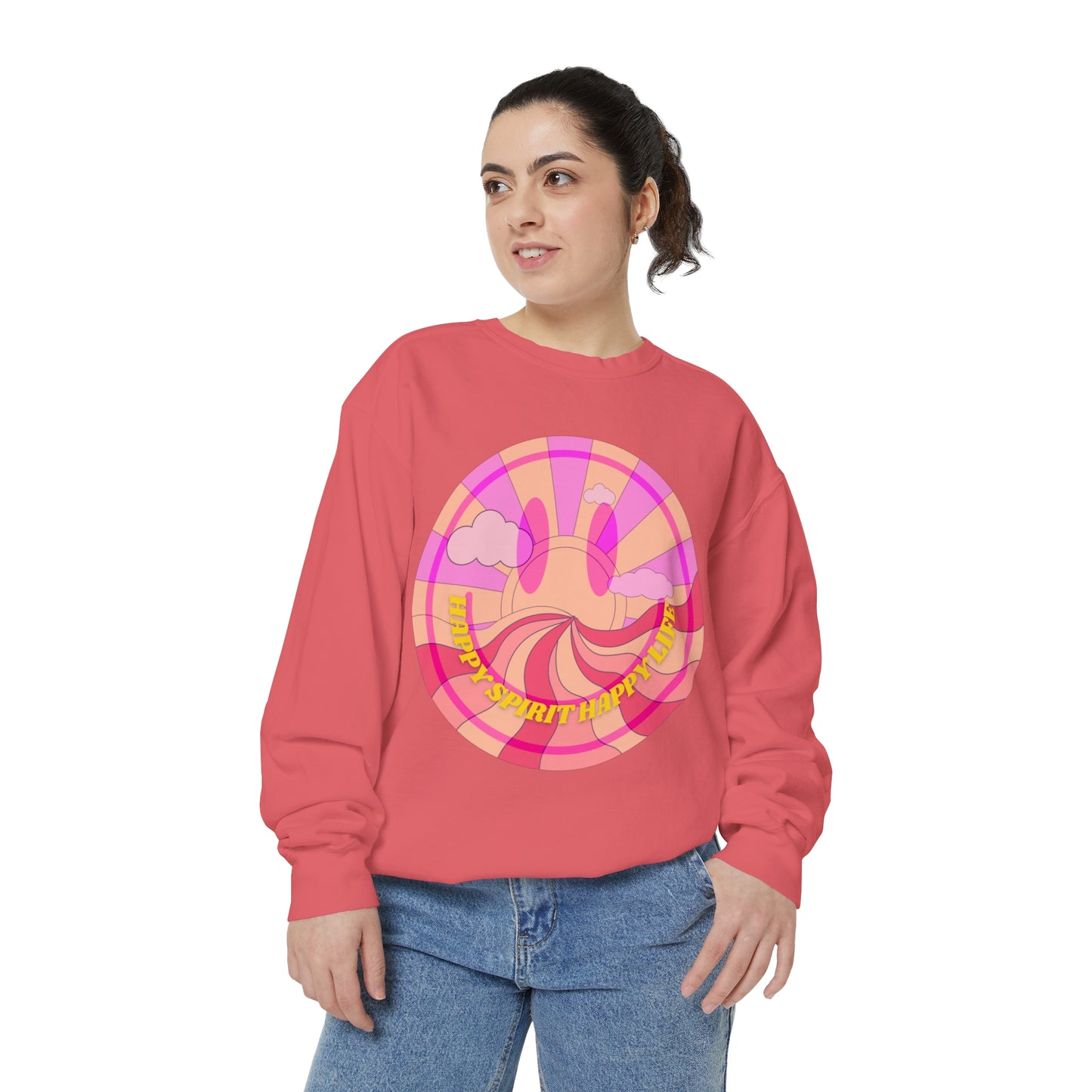 Aesthetic Smile Hoodie, Smile Face Comfort Colors Crewneck, Happy Spirit Happy Life Sunset Smile Sweatshirt, Unisex Garment-Dyed Sweatshirt