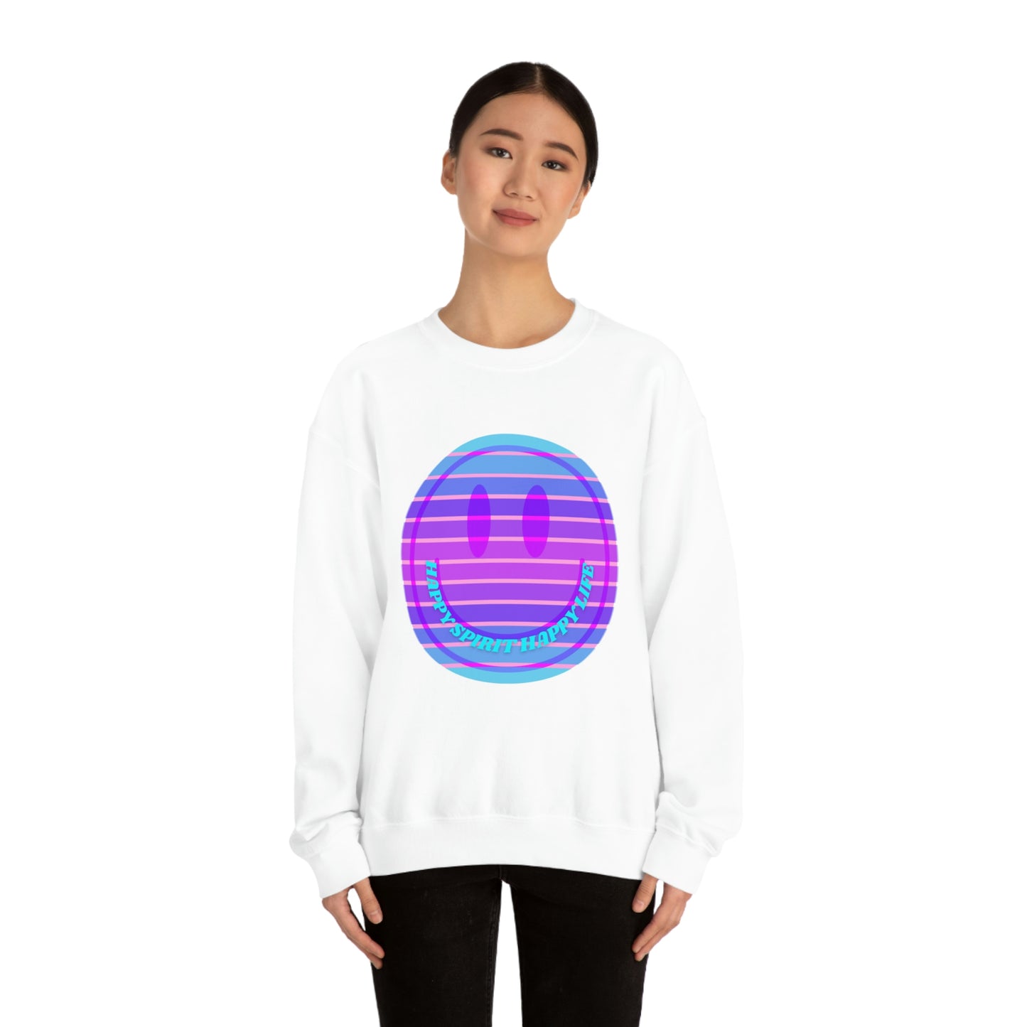Happy Spirit Happy Life Sweatshirt, VSCO Girl Crewneck, Oversized Retro Font Graphic Tumblr, Front Print Smile Face Trendy Cover Up