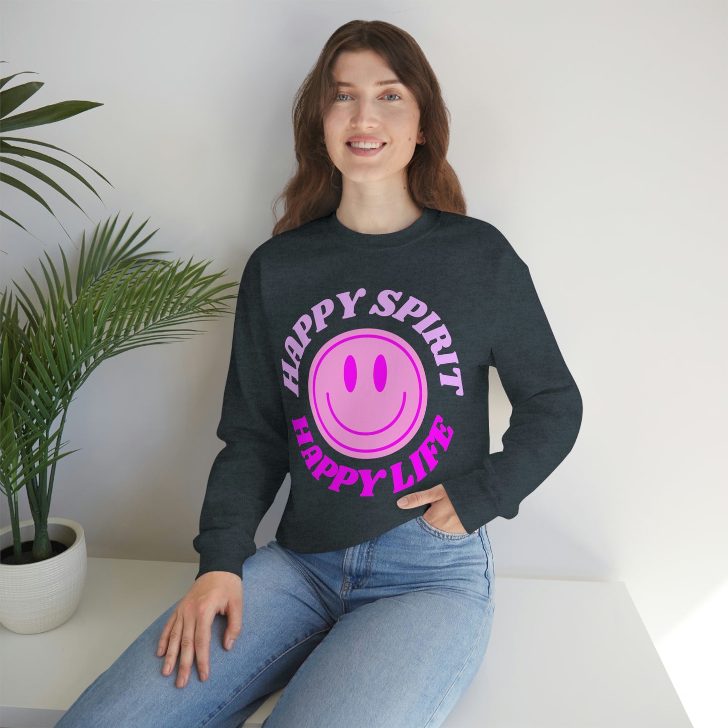 Happy Spirit Happy Life Sweatshirt, VSCO Girl Crewneck, Oversized Retro Font Graphic Tumblr, Front Print Smile Face Trendy Cover Up