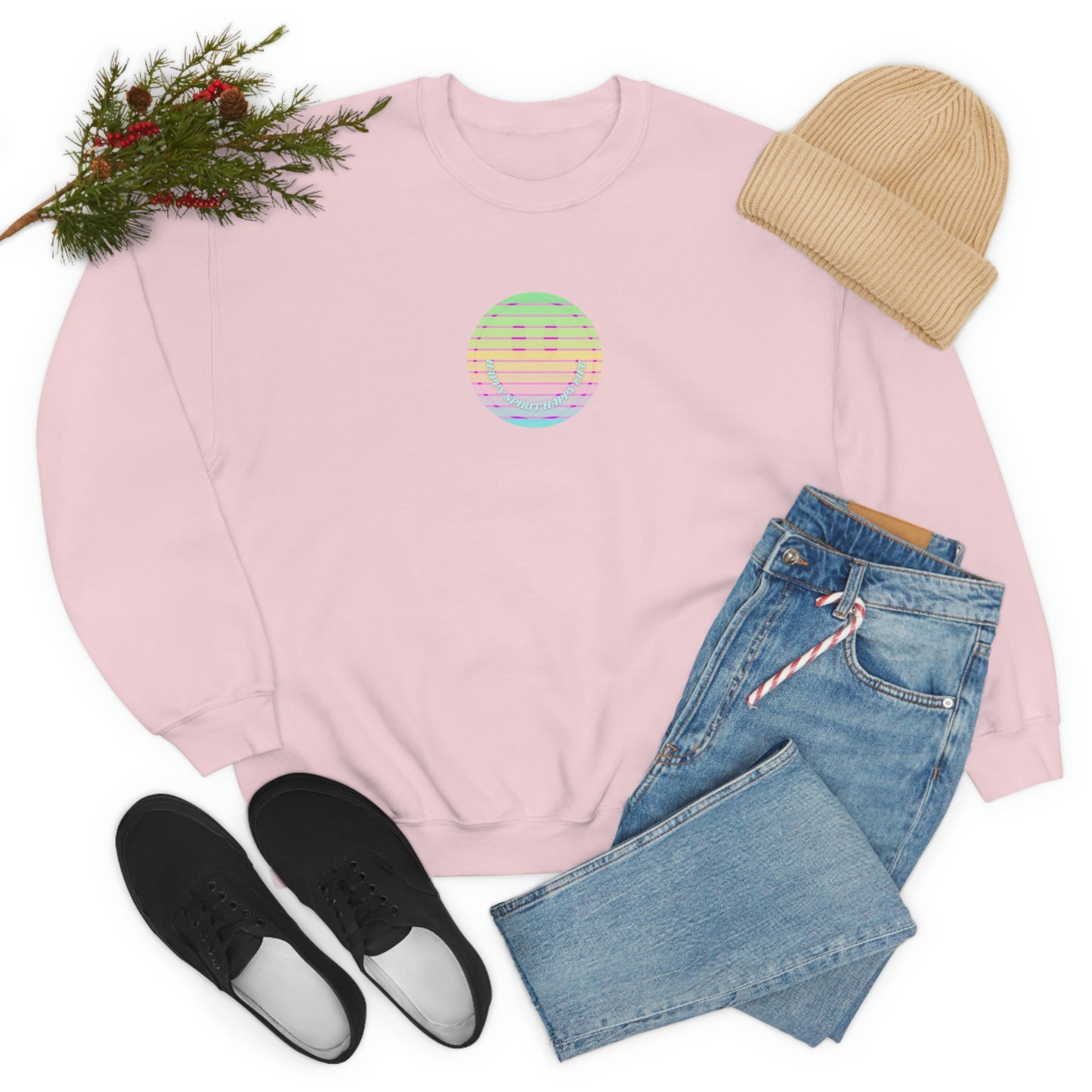 Happy Spirit Happy Life Sweatshirt, VSCO Girl Crewneck, Oversized Retro Font Graphic Tumblr, Front Print Smile Face Trendy Cover Up