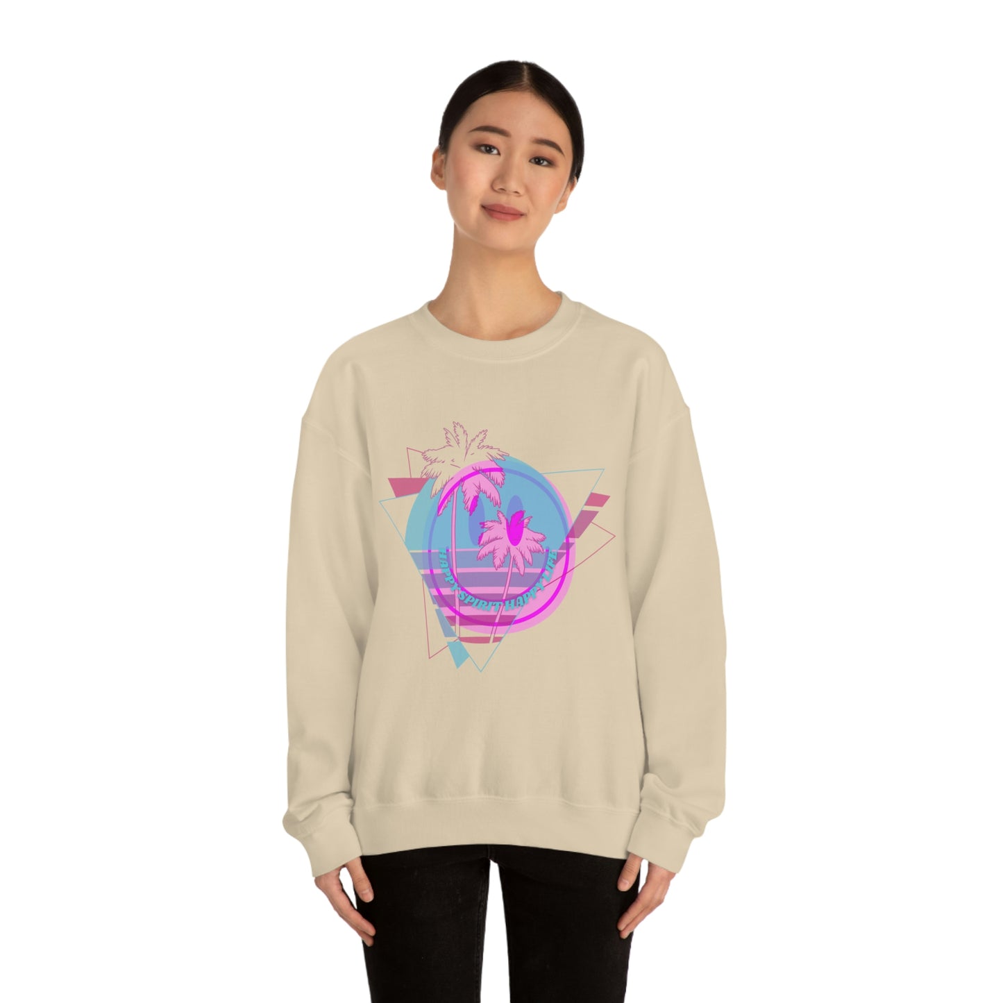 Happy Spirit Happy Life Sweatshirt, VSCO Girl Crewneck, Oversized Retro Font Graphic Tumblr, Front Print Smile Face Trendy Cover Up