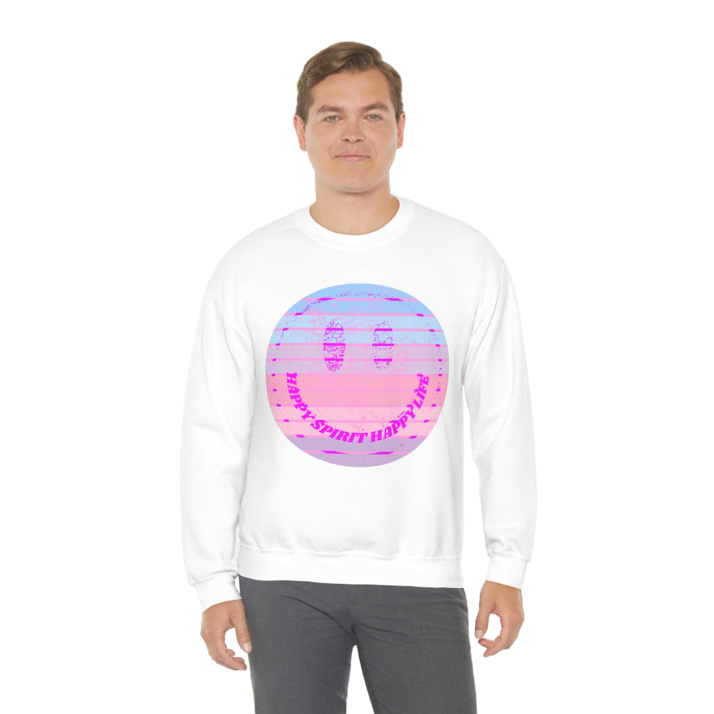 Happy Spirit Happy Life Sweatshirt, VSCO Girl Crewneck, Oversized Retro Font Graphic Tumblr, Front Print Smile Face Trendy Cover Up