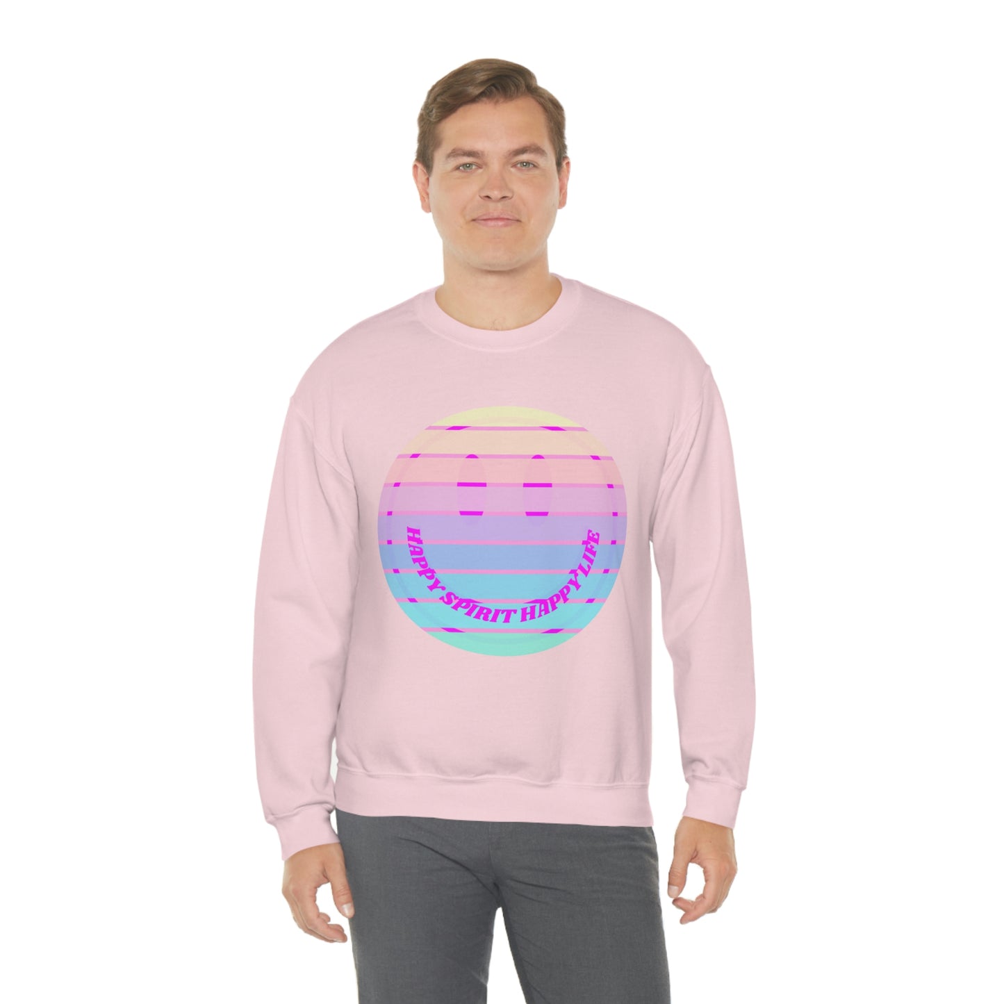Happy Spirit Happy Life Sweatshirt, VSCO Girl Crewneck, Oversized Retro Font Graphic Tumblr, Front Print Smile Face Trendy Cover Up