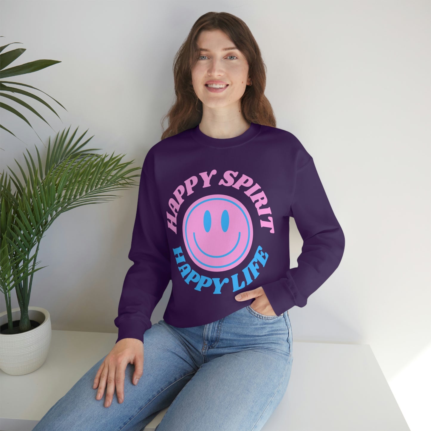 Happy Spirit Happy Life Sweatshirt, VSCO Girl Crewneck, Oversized Retro Font Graphic Tumblr, Front Print Smile Face Trendy Cover Up