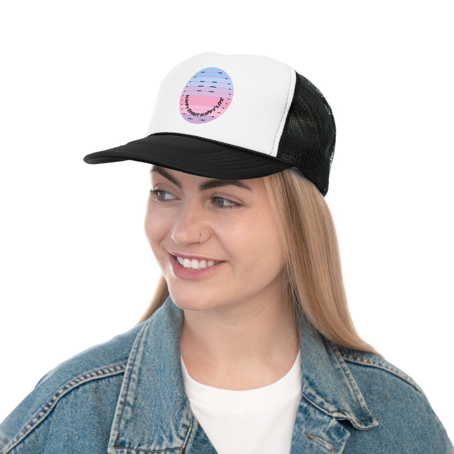 Hat Happy Spirit Happy Life, Aesthetic Sunset Hat, Smile Tumblr Hat, Trendy Trucker Hat, Vsco Girl, Pink Graphic Trucker Hat, Baseball Hat