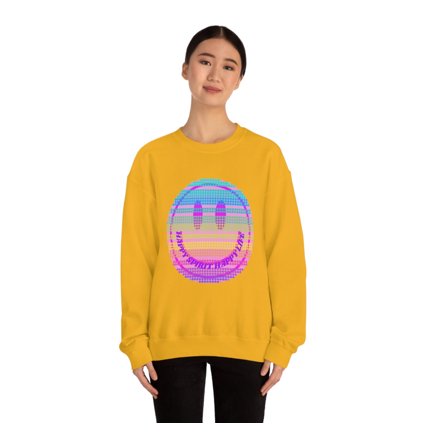 Happy Spirit Happy Life Sweatshirt, VSCO Girl Crewneck, Oversized Retro Font Graphic Tumblr, Front Print Smile Face Trendy Cover Up