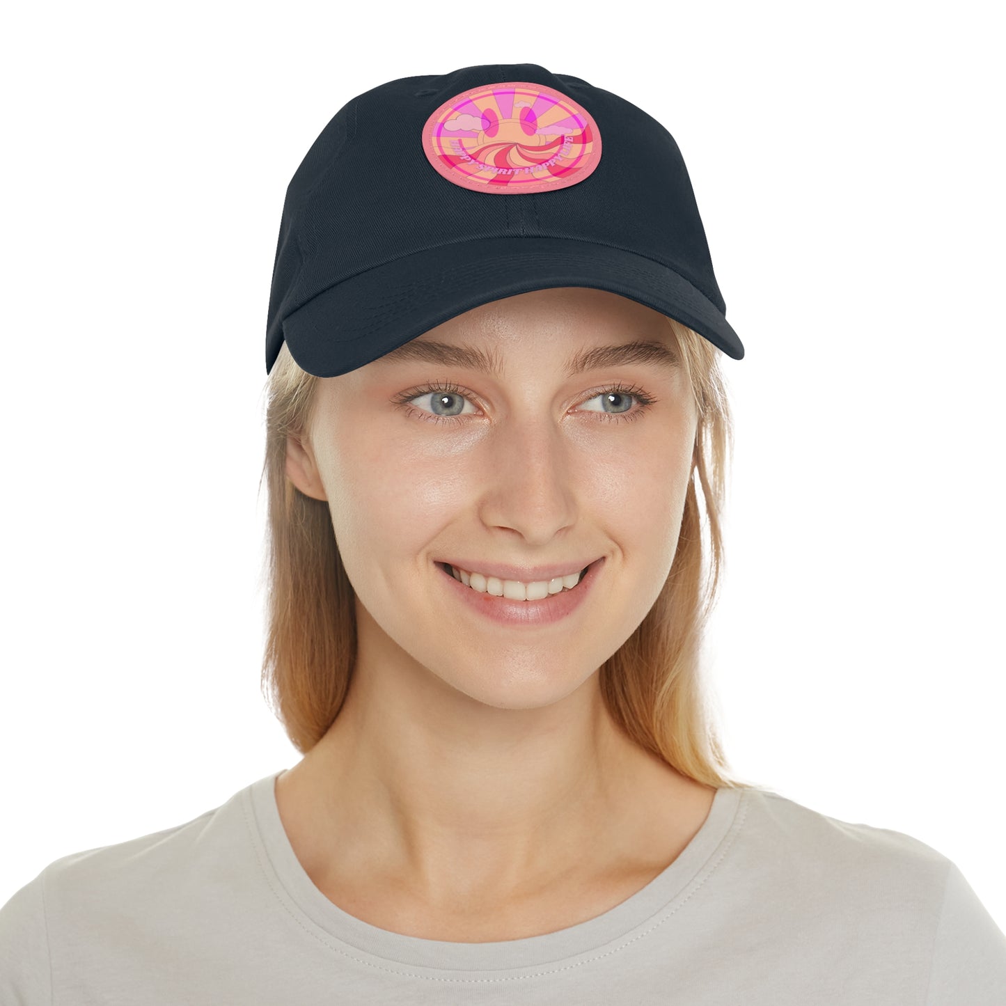 Aesthetic Pink Smile Hat, Pink Twill Dad Hat with Leather Patch (Round), Pink Golf Hat, Pink Twill Cap, Pink Cotton Hat, Pink Baseball Hat