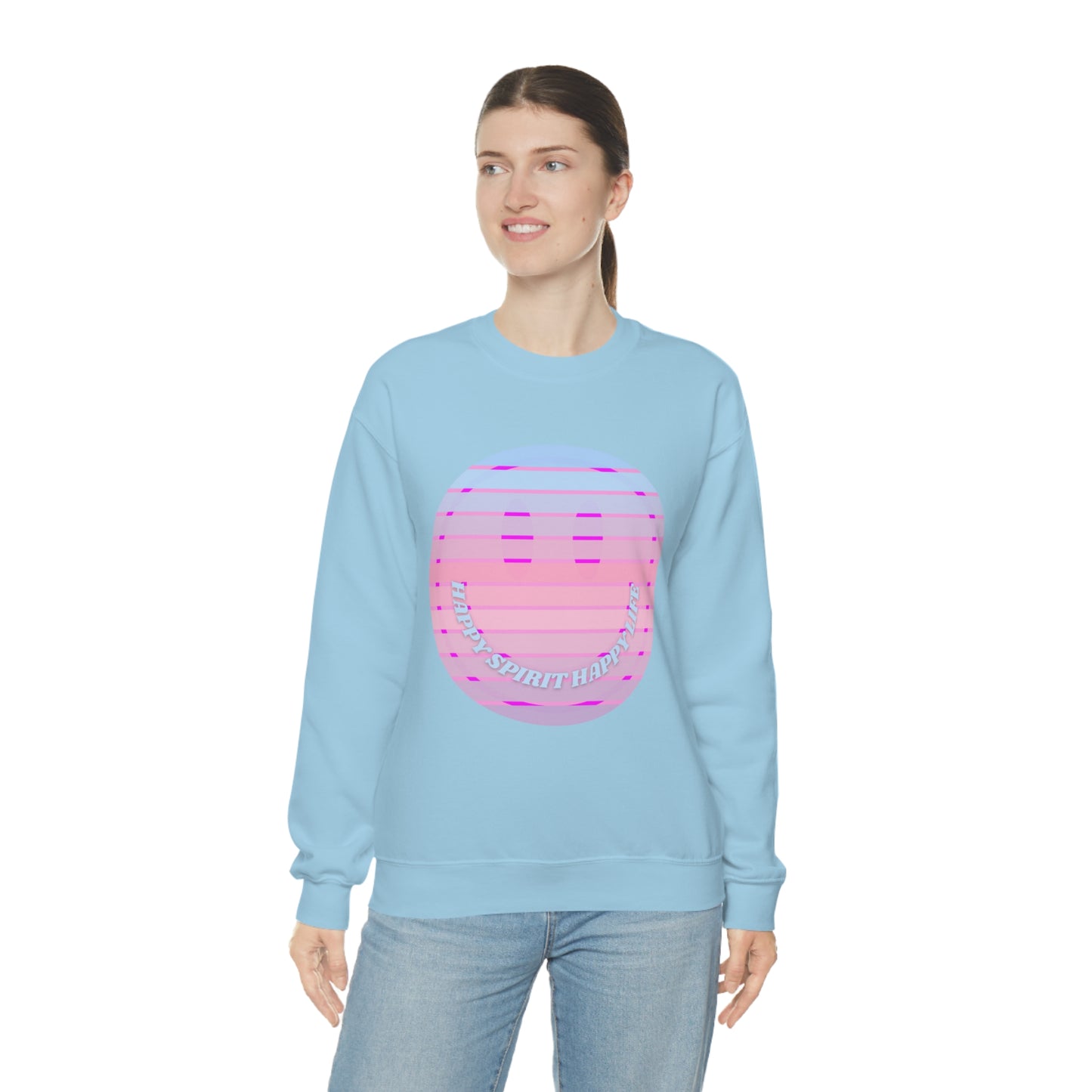 Happy Spirit Happy Life Sweatshirt, VSCO Girl Crewneck, Oversized Retro Font Graphic Tumblr, Front Print Smile Face Trendy Cover Up
