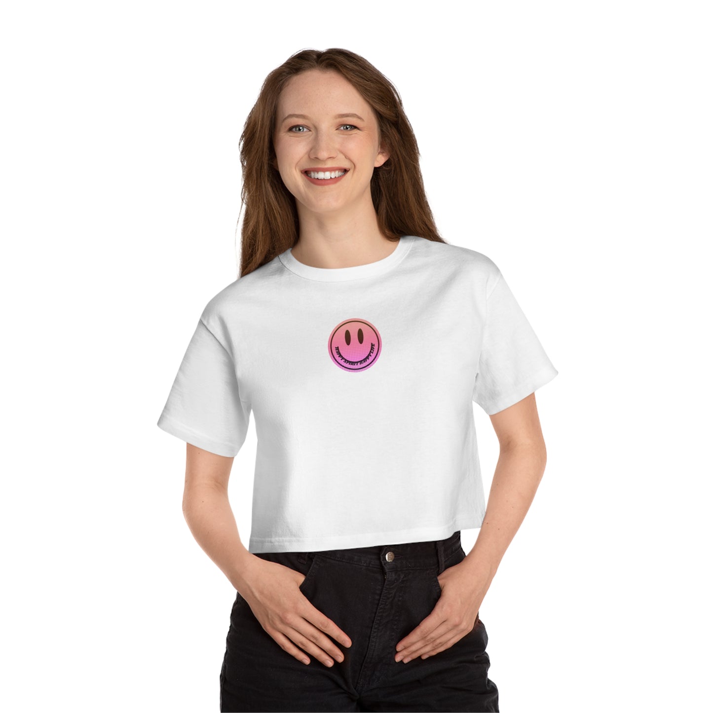 Aesthetic Smile Face Crop Shirt, Happy Spirit Happy Life Cropped Shirt, Smile Pink Sunset Ombre Champion Women's Heritage Cropped T-Shirt