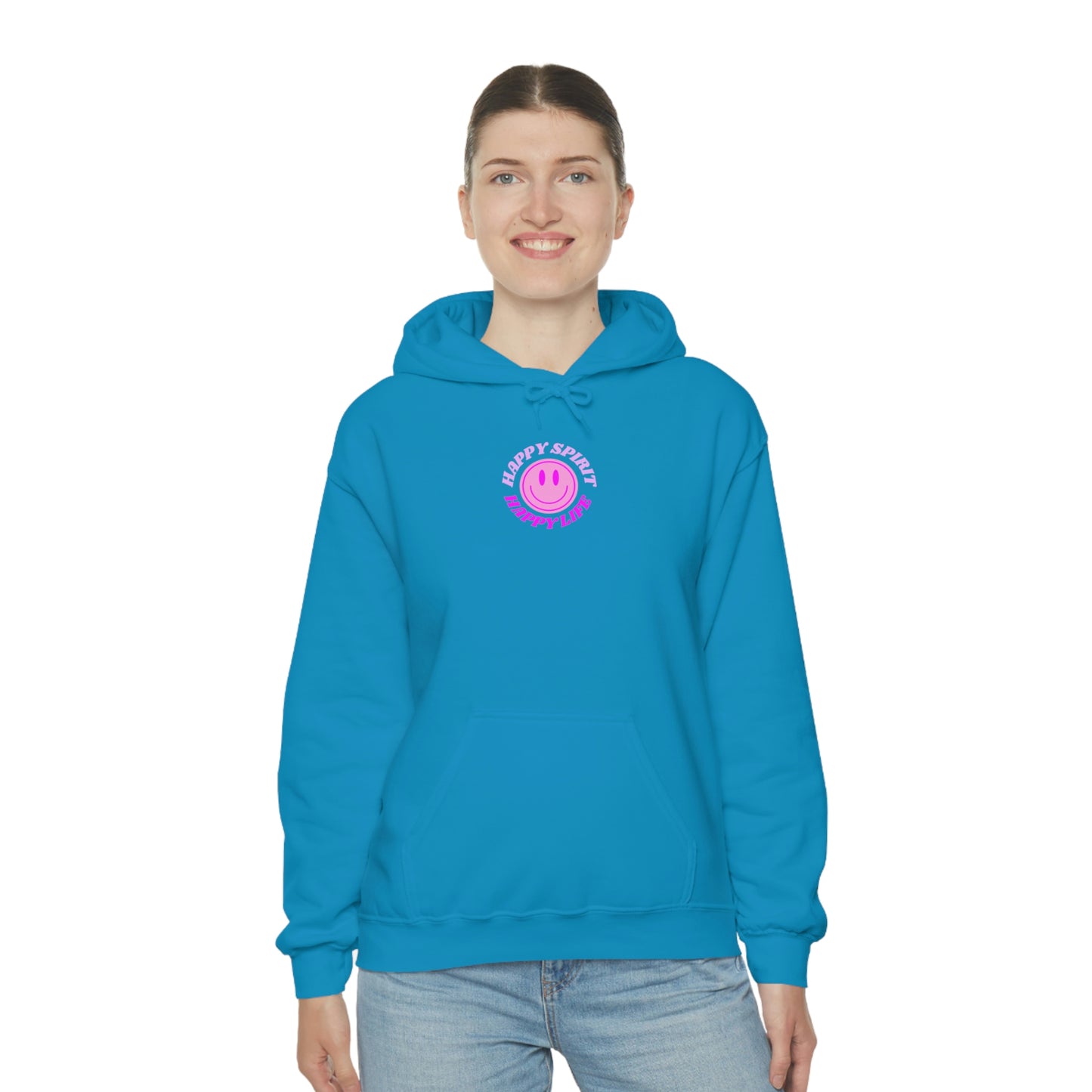 Happy Spirit Happy Life Hoodie Gildan VSCO Girl Sweatshirt, Oversized Tumblr Front Back Print Smile Happy Mind Trendy Retro Font Cover Up