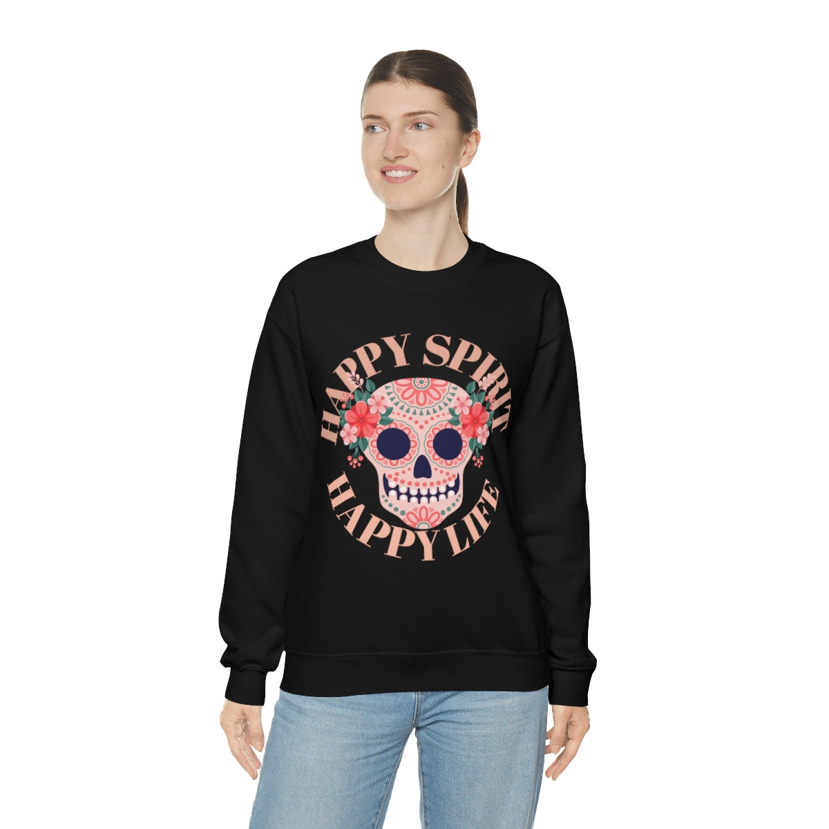 Dia De Los Muertos Crewneck Sweatshirt, Day of the Dead Gift, Happy Spirit Happy Life, Honoring the Dead Aesthetic Candy Skull, Sugar Skull