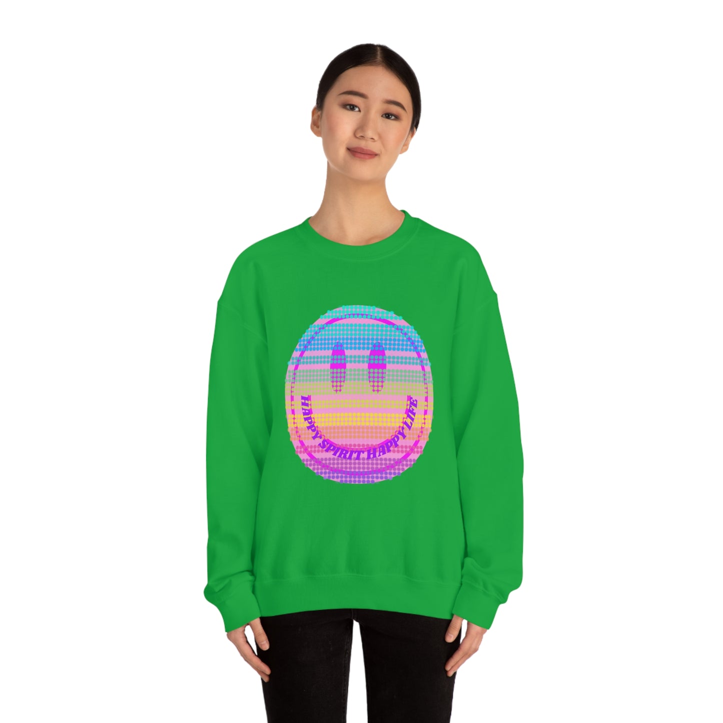 Happy Spirit Happy Life Sweatshirt, VSCO Girl Crewneck, Oversized Retro Font Graphic Tumblr, Front Print Smile Face Trendy Cover Up