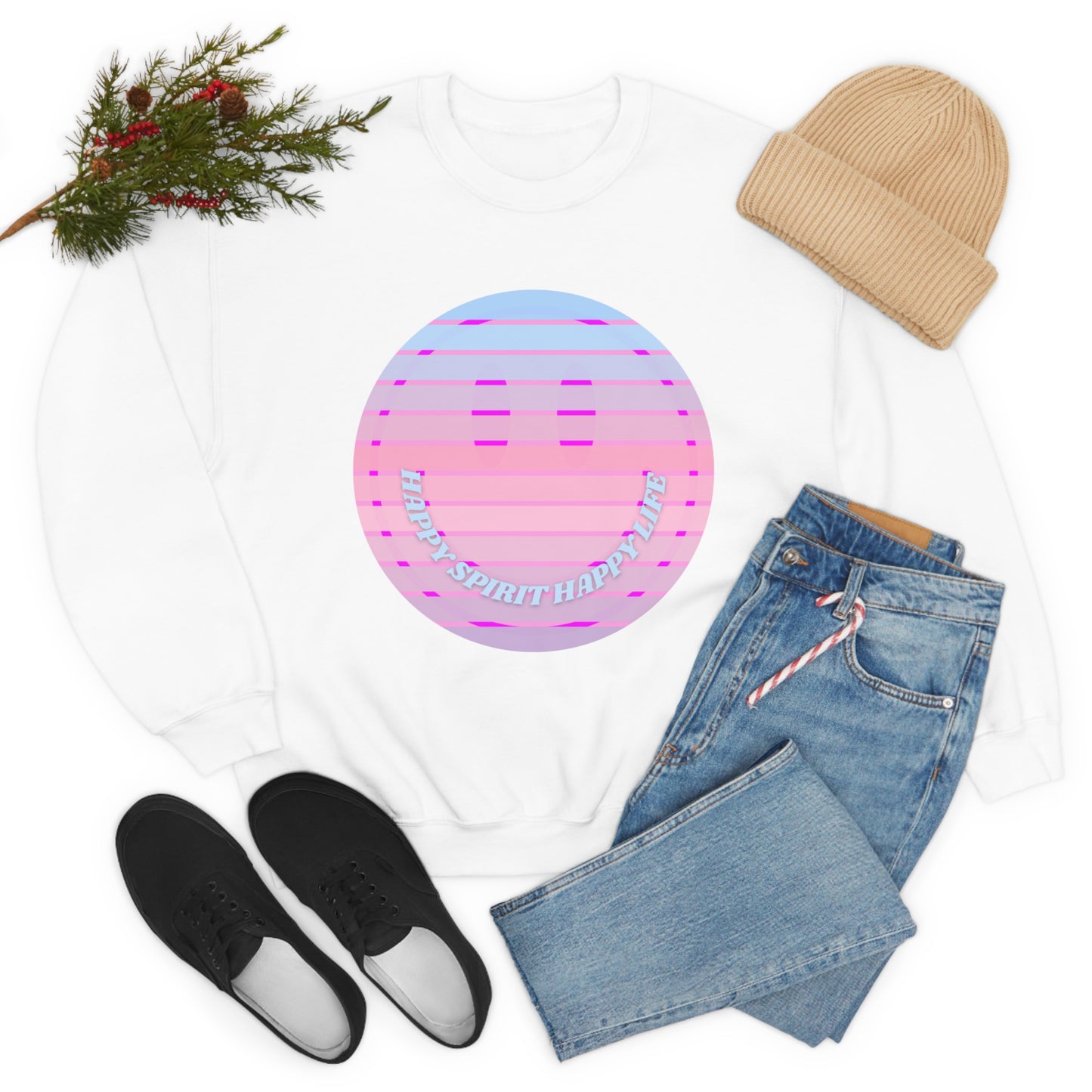 Happy Spirit Happy Life Sweatshirt, VSCO Girl Crewneck, Oversized Retro Font Graphic Tumblr, Front Print Smile Face Trendy Cover Up