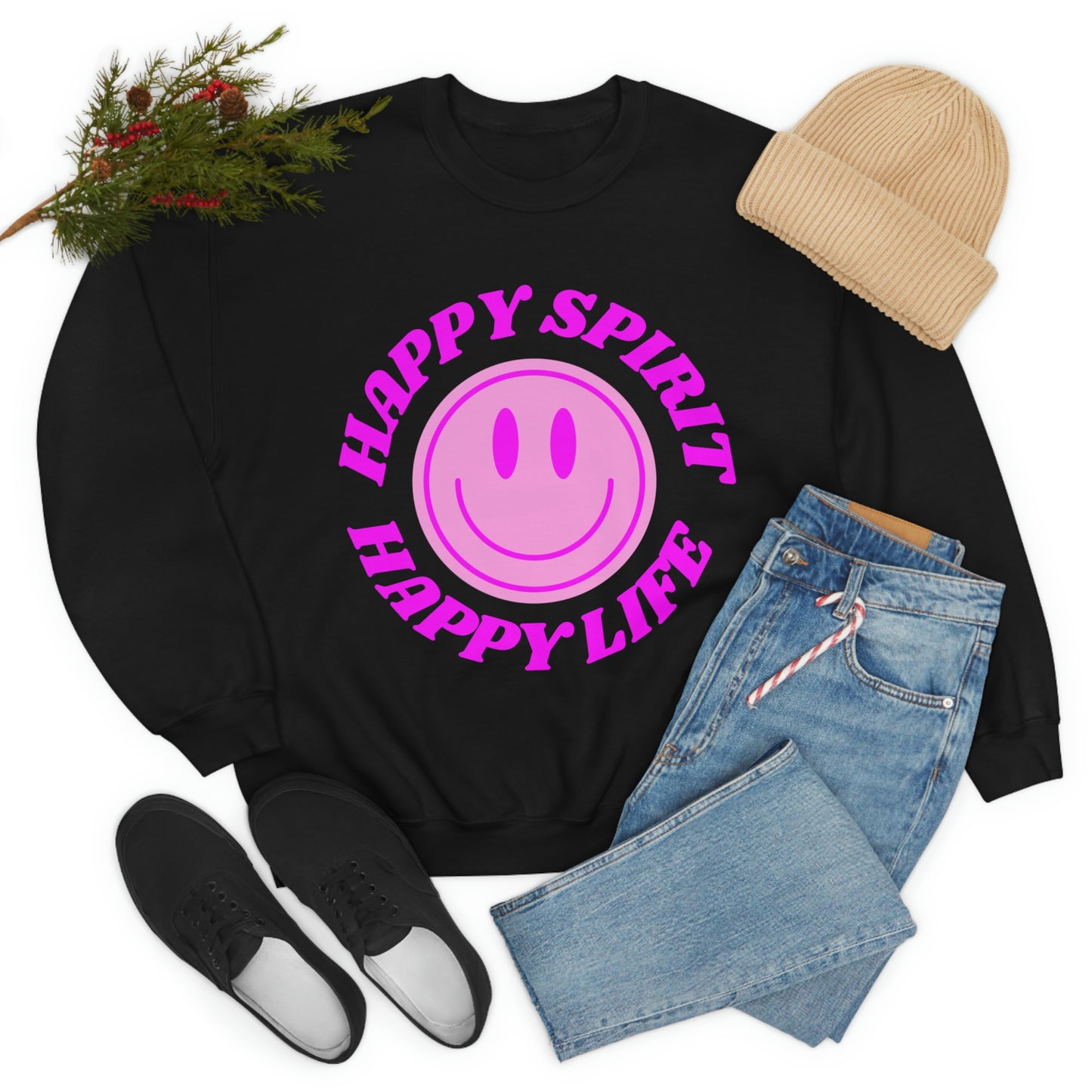 Happy Spirit Happy Life Sweatshirt, VSCO Girl Crewneck, Oversized Retro Font Graphic Tumblr, Front Print Smile Face Trendy Cover Up