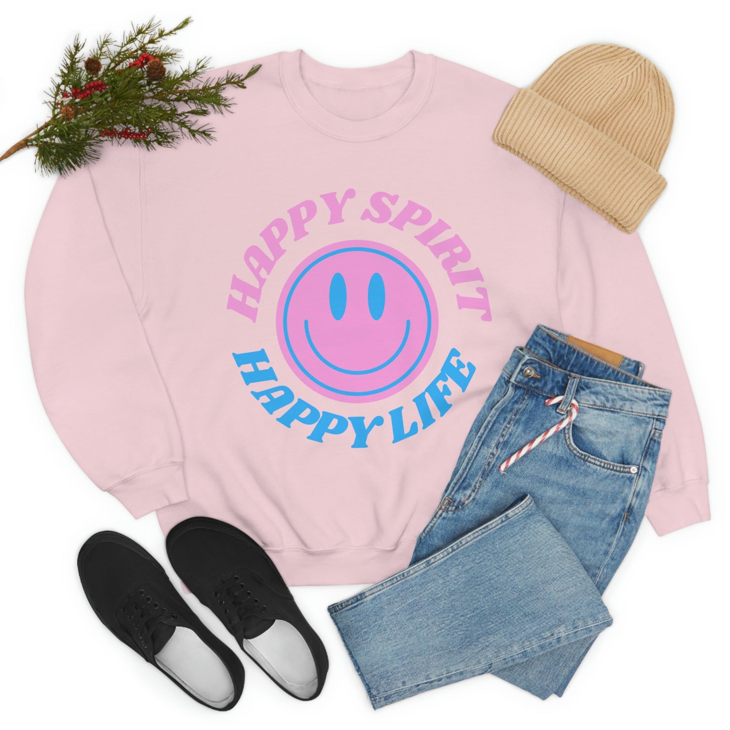 Happy Spirit Happy Life Sweatshirt, VSCO Girl Crewneck, Oversized Retro Font Graphic Tumblr, Front Print Smile Face Trendy Cover Up
