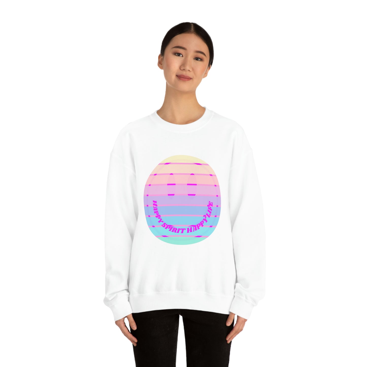Happy Spirit Happy Life Sweatshirt, VSCO Girl Crewneck, Oversized Retro Font Graphic Tumblr, Front Print Smile Face Trendy Cover Up