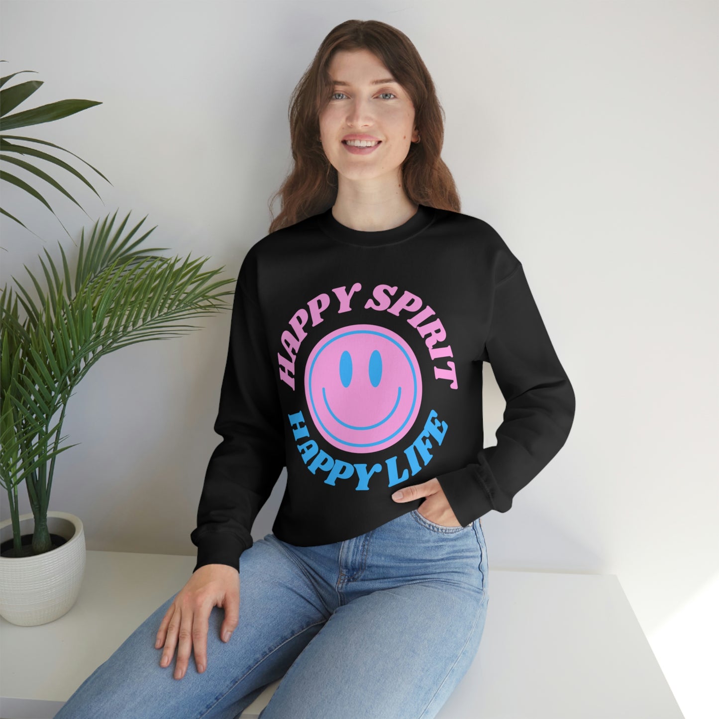 Happy Spirit Happy Life Sweatshirt, VSCO Girl Crewneck, Oversized Retro Font Graphic Tumblr, Front Print Smile Face Trendy Cover Up