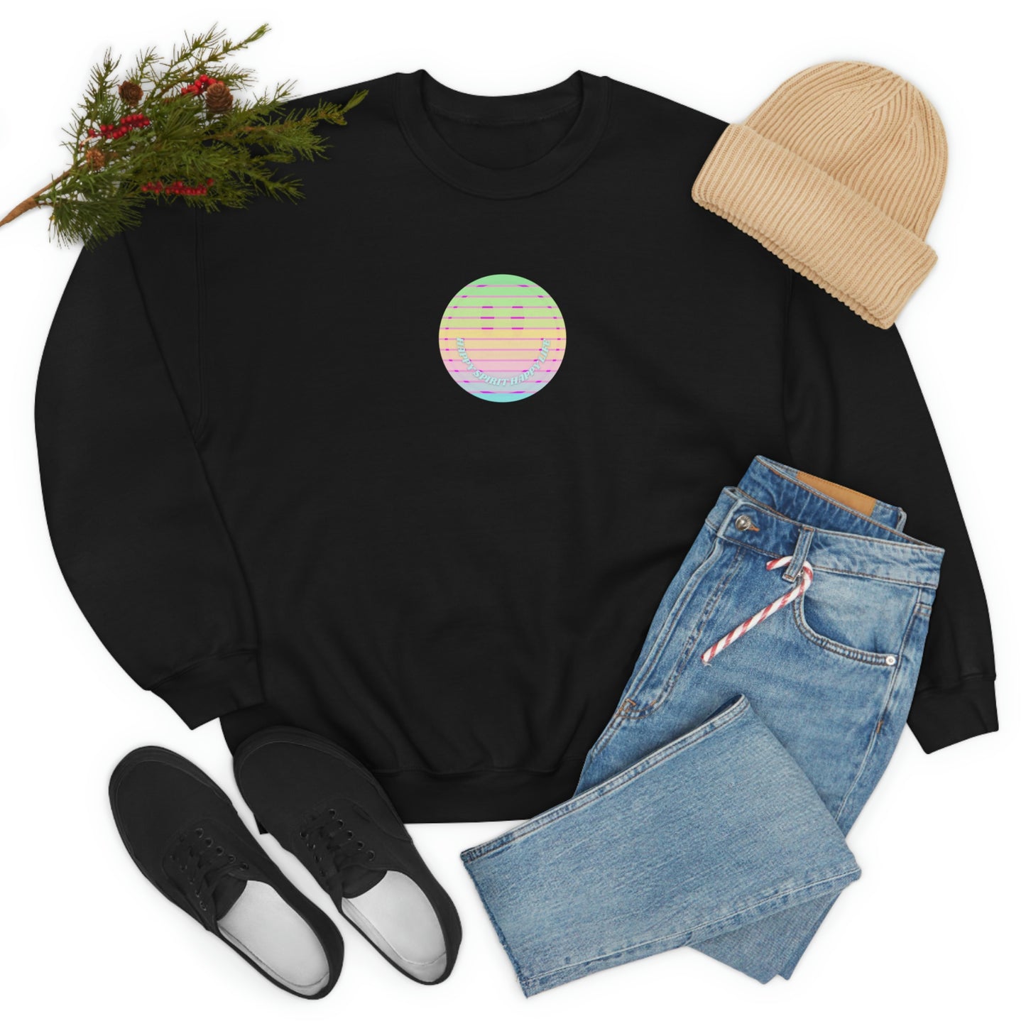 Happy Spirit Happy Life Sweatshirt, VSCO Girl Crewneck, Oversized Retro Font Graphic Tumblr, Front Print Smile Face Trendy Cover Up