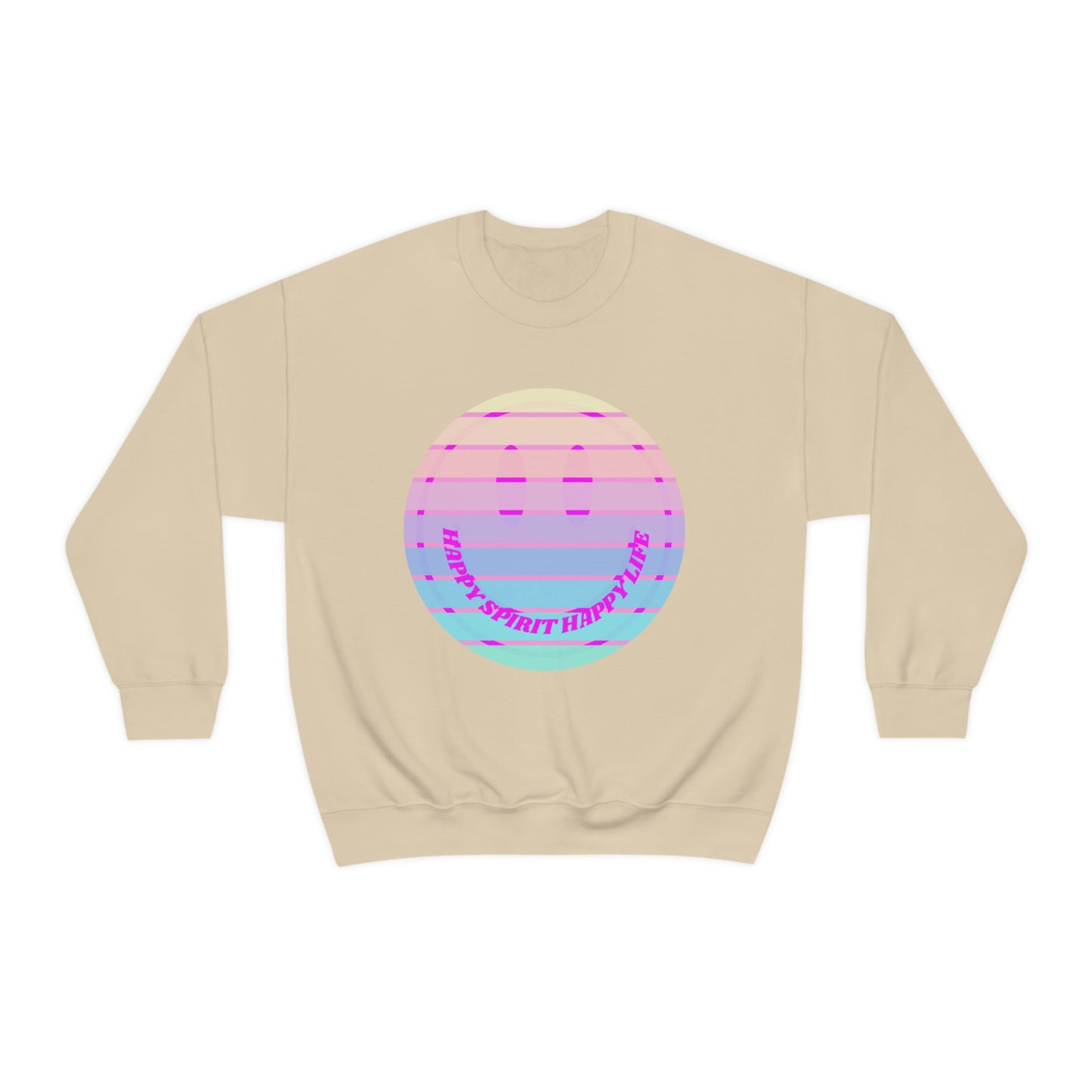 Happy Spirit Happy Life Sweatshirt, VSCO Girl Crewneck, Oversized Retro Font Graphic Tumblr, Front Print Smile Face Trendy Cover Up