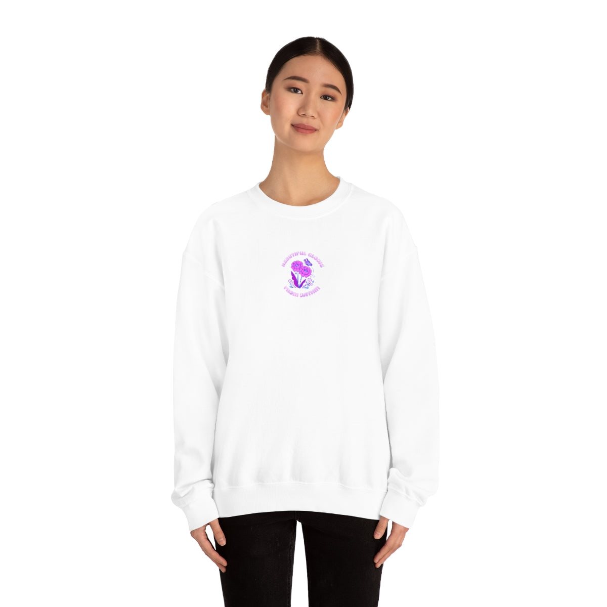 Beautiful Glows from Within Purple Flower Sweatshirt, Oversized Crewneck, Front Back Print Trendy Sweatshirt, Beach Cover Up, Lake Cover Up