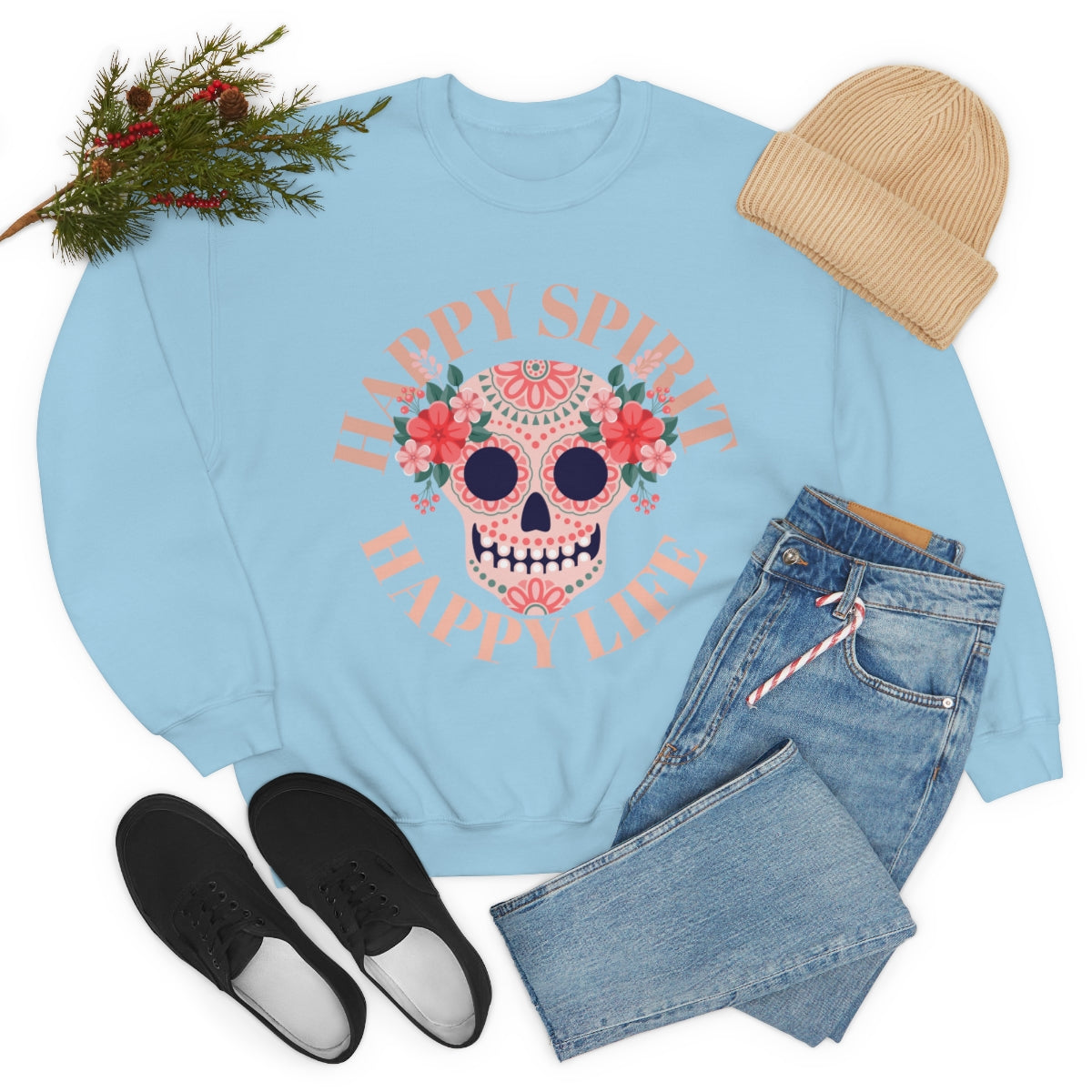 Dia De Los Muertos Crewneck Sweatshirt, Day of the Dead Gift, Happy Spirit Happy Life, Honoring the Dead Aesthetic Candy Skull, Sugar Skull