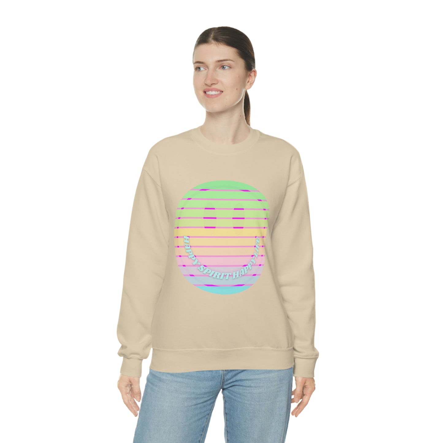 Happy Spirit Happy Life Sweatshirt, VSCO Girl Crewneck, Oversized Retro Font Graphic Tumblr, Front Print Smile Face Trendy Cover Up