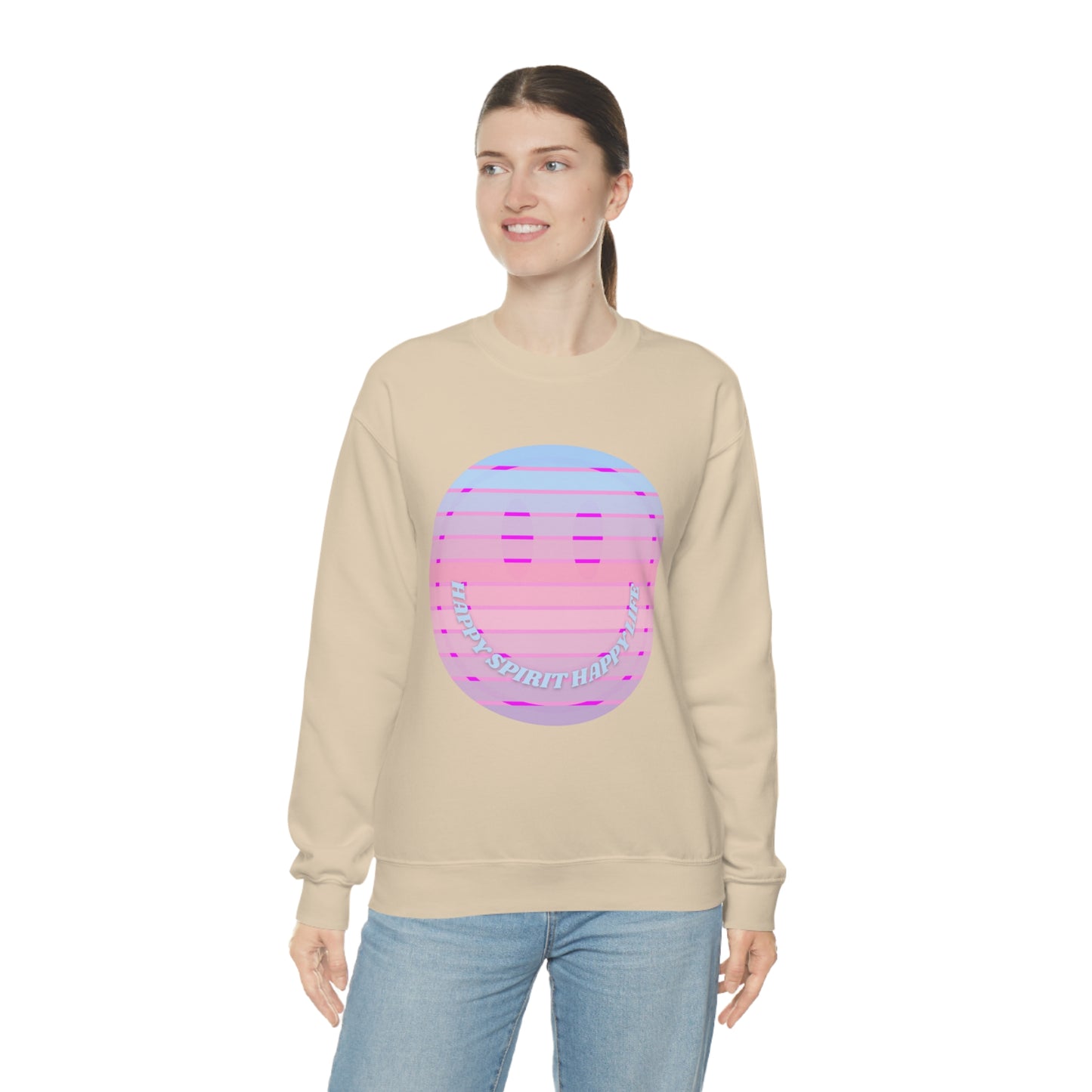 Happy Spirit Happy Life Sweatshirt, VSCO Girl Crewneck, Oversized Retro Font Graphic Tumblr, Front Print Smile Face Trendy Cover Up