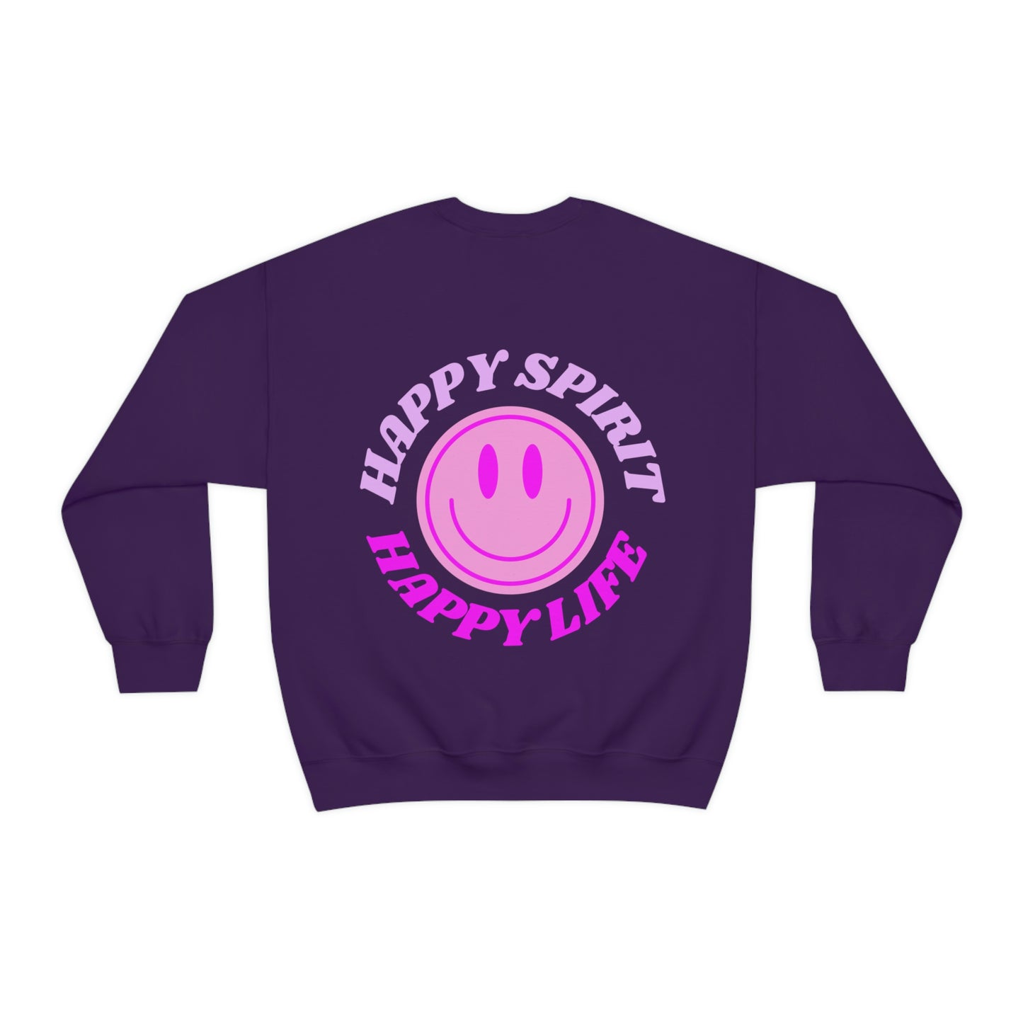 Happy Spirit Happy Life Sweatshirt, Gildan VSCO Girl Crewneck, Oversized Tumblr Front Back Print Smile Happy Mind Trendy Retro Surf Font