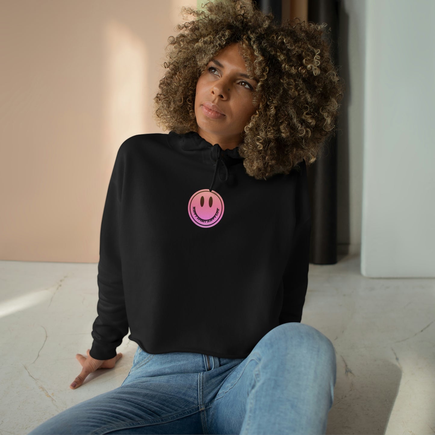 Aesthetic Cropped Hoodie, Smile Face Crop Top, Happy Spirit Happy Life Sunset Smile Cropped Top, Smile Hoodie, Hooded Cropped Pullover