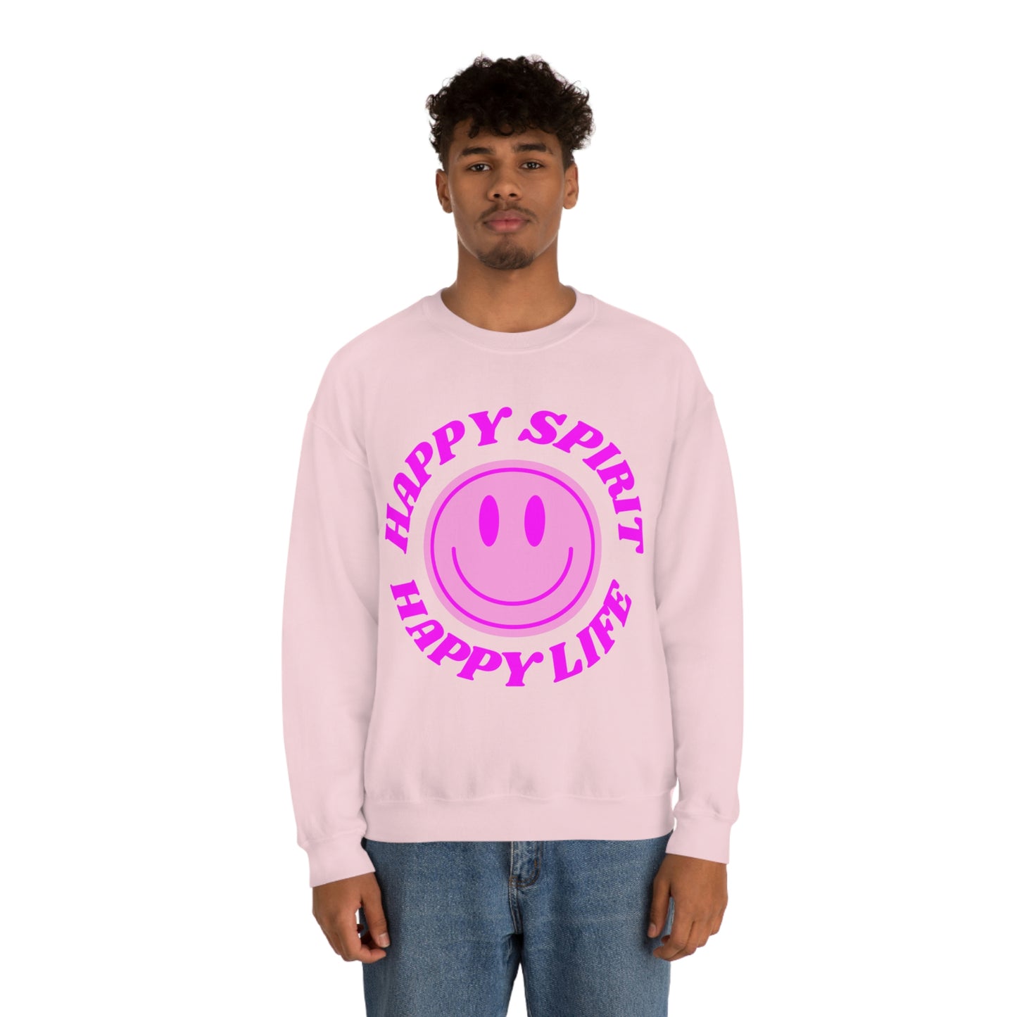 Happy Spirit Happy Life Sweatshirt, VSCO Girl Crewneck, Oversized Retro Font Graphic Tumblr, Front Print Smile Face Trendy Cover Up