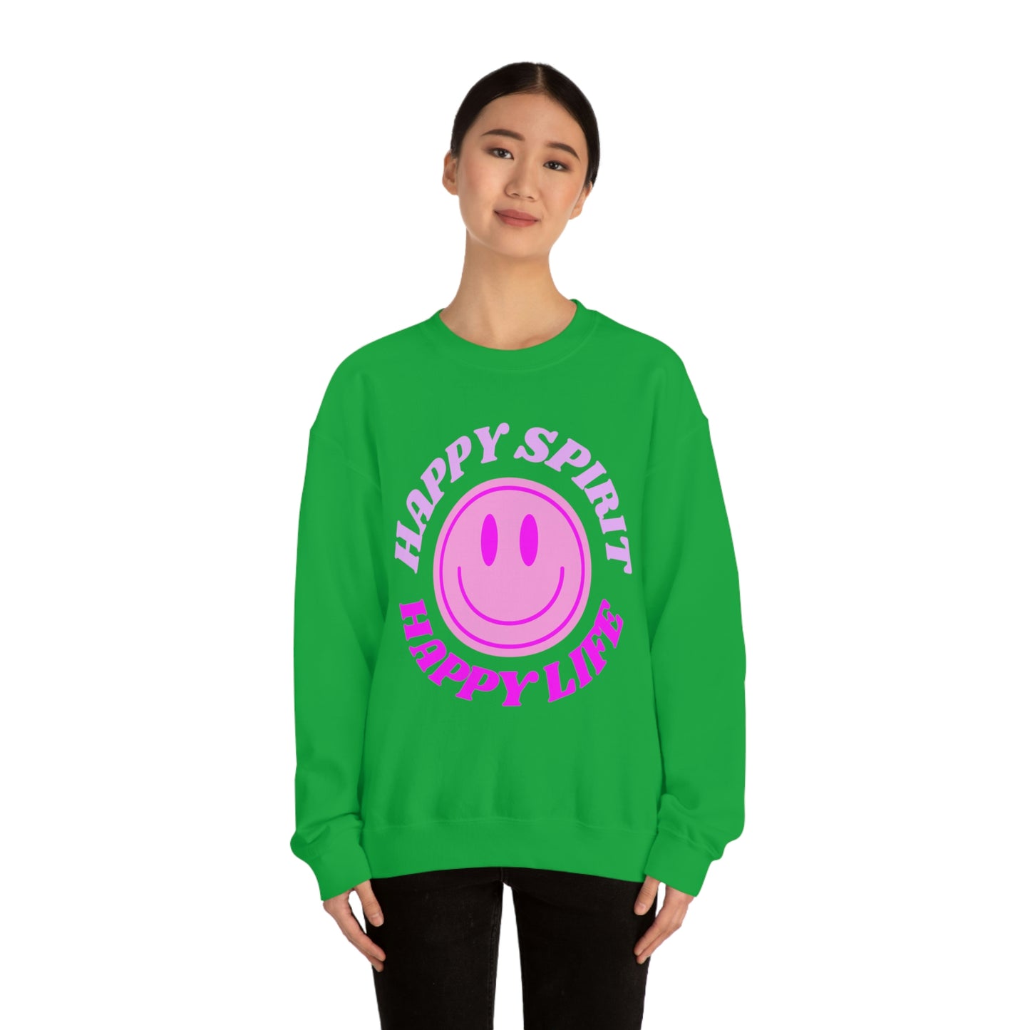 Happy Spirit Happy Life Sweatshirt, VSCO Girl Crewneck, Oversized Retro Font Graphic Tumblr, Front Print Smile Face Trendy Cover Up