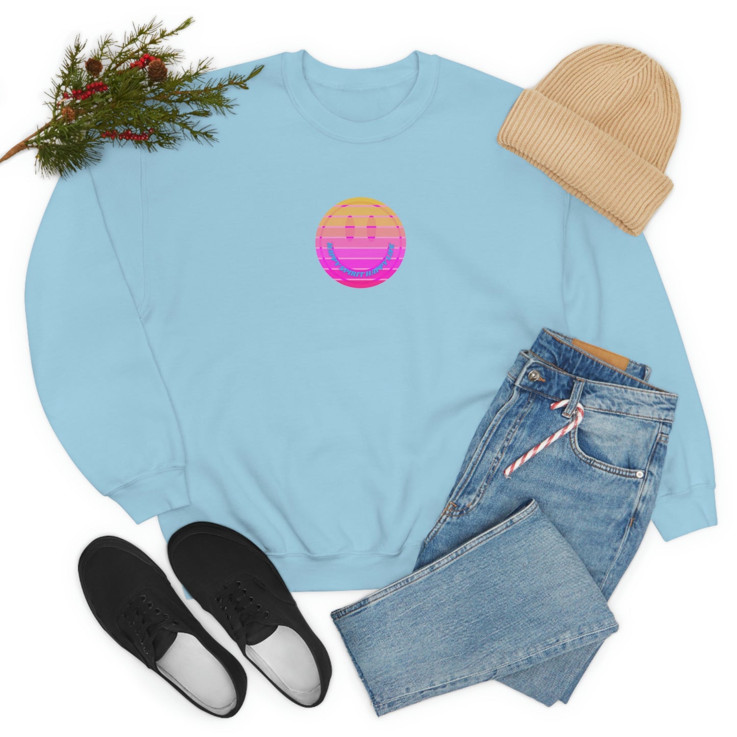 Happy Spirit Happy Life Sweatshirt, VSCO Girl Crewneck, Oversized Retro Font Graphic Tumblr, Front Print Smile Face Trendy Cover Up