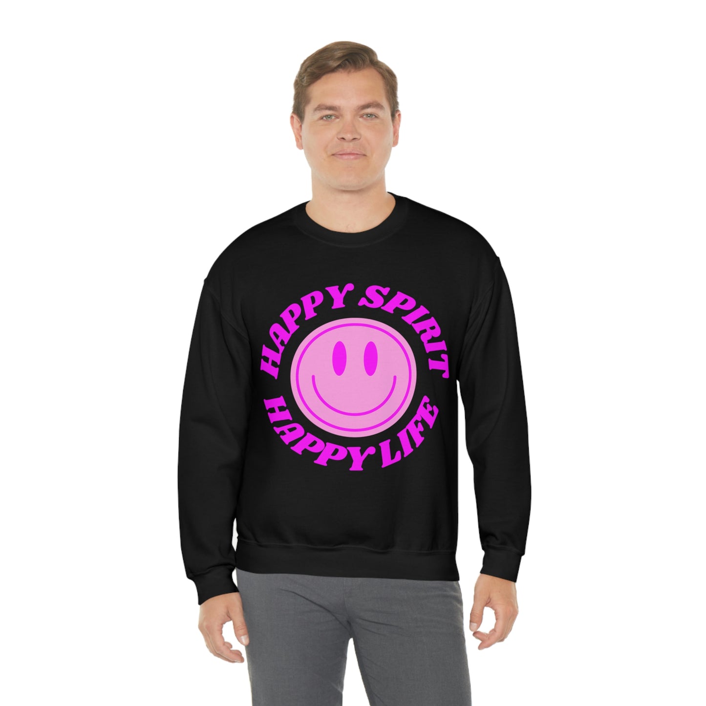 Happy Spirit Happy Life Sweatshirt, VSCO Girl Crewneck, Oversized Retro Font Graphic Tumblr, Front Print Smile Face Trendy Cover Up