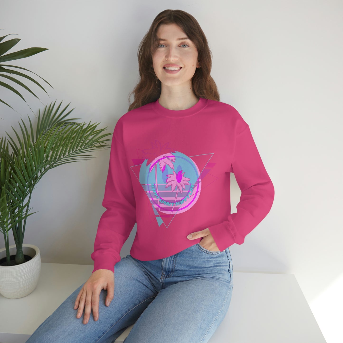 Happy Spirit Happy Life Sweatshirt, VSCO Girl Crewneck, Oversized Retro Font Graphic Tumblr, Front Print Smile Face Trendy Cover Up