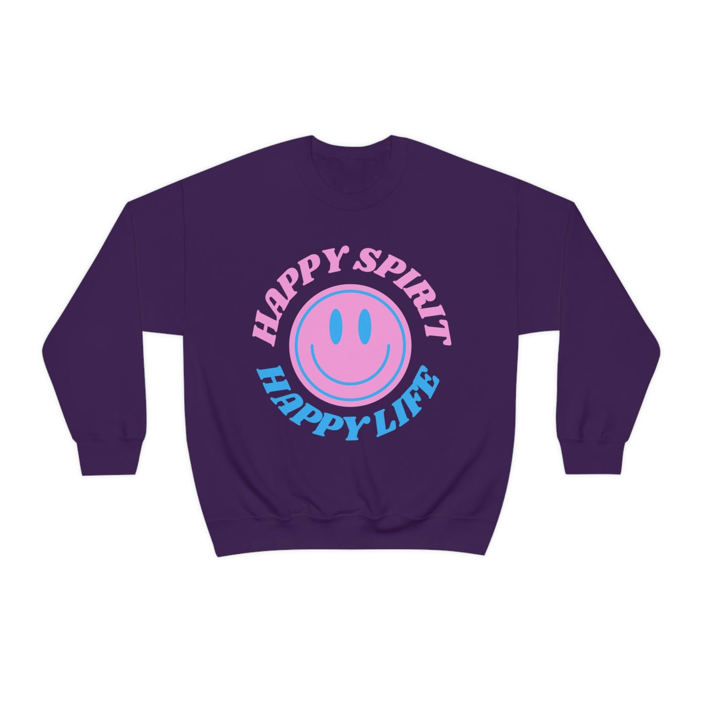 Happy Spirit Happy Life Sweatshirt, VSCO Girl Crewneck, Oversized Retro Font Graphic Tumblr, Front Print Smile Face Trendy Cover Up