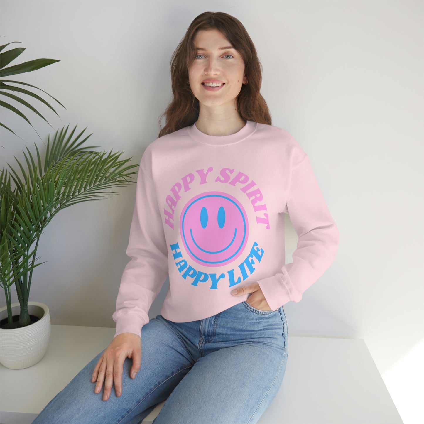 Happy Spirit Happy Life Sweatshirt, VSCO Girl Crewneck, Oversized Retro Font Graphic Tumblr, Front Print Smile Face Trendy Cover Up