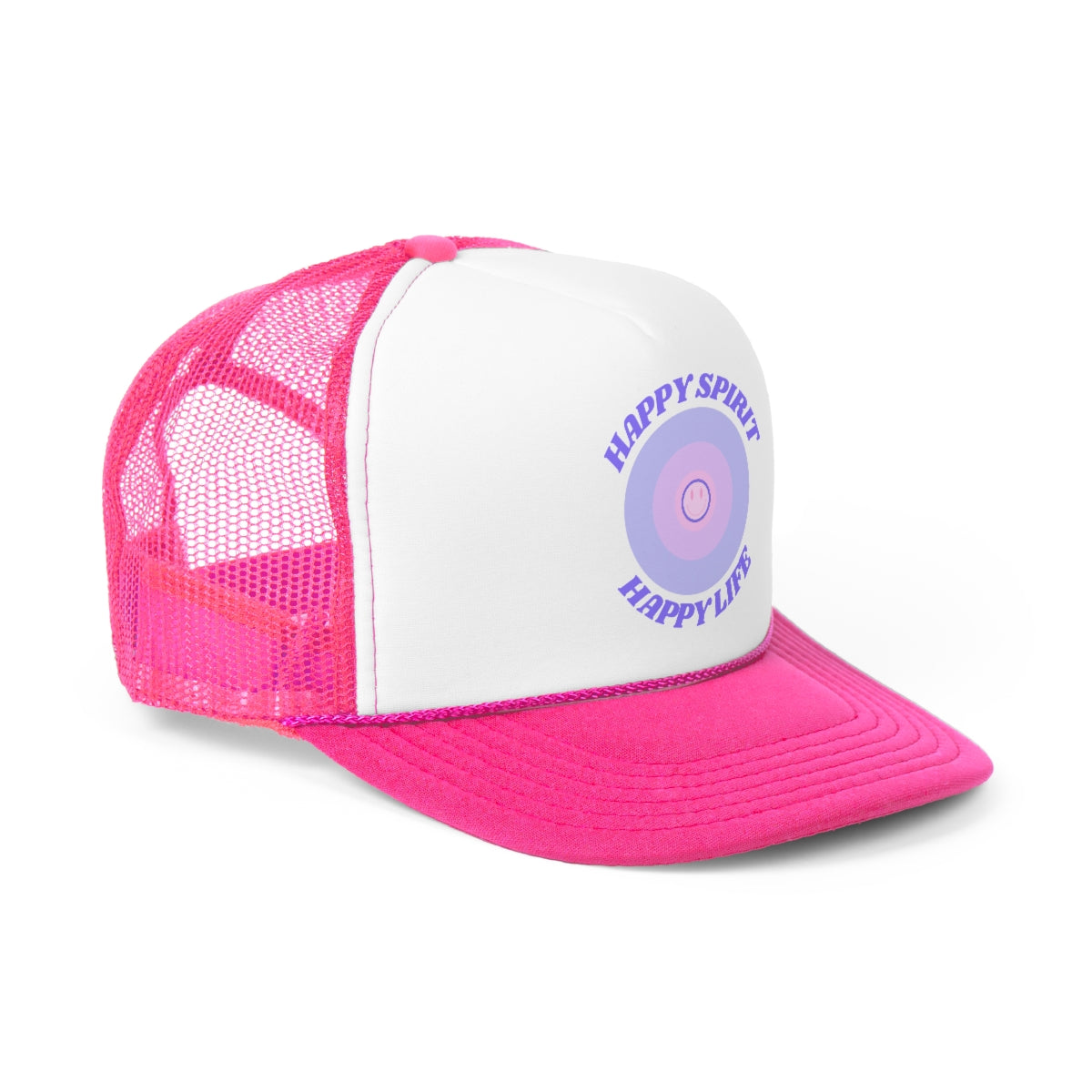 Hat Happy Spirit Happy Life- Aesthetic Hat, Smile Tumblr hat, Trendy Oversized hat, Vsco girl, Pink Graphic Trucker Hat, Baseball Hat