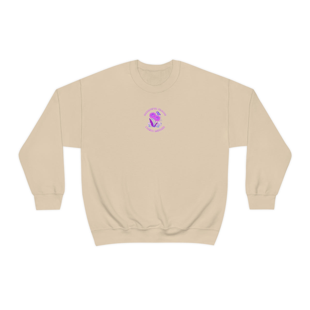 Beautiful Glows from Within Purple Flower Sweatshirt, Oversized Crewneck, Front Back Print Trendy Sweatshirt, Beach Cover Up, Lake Cover Up