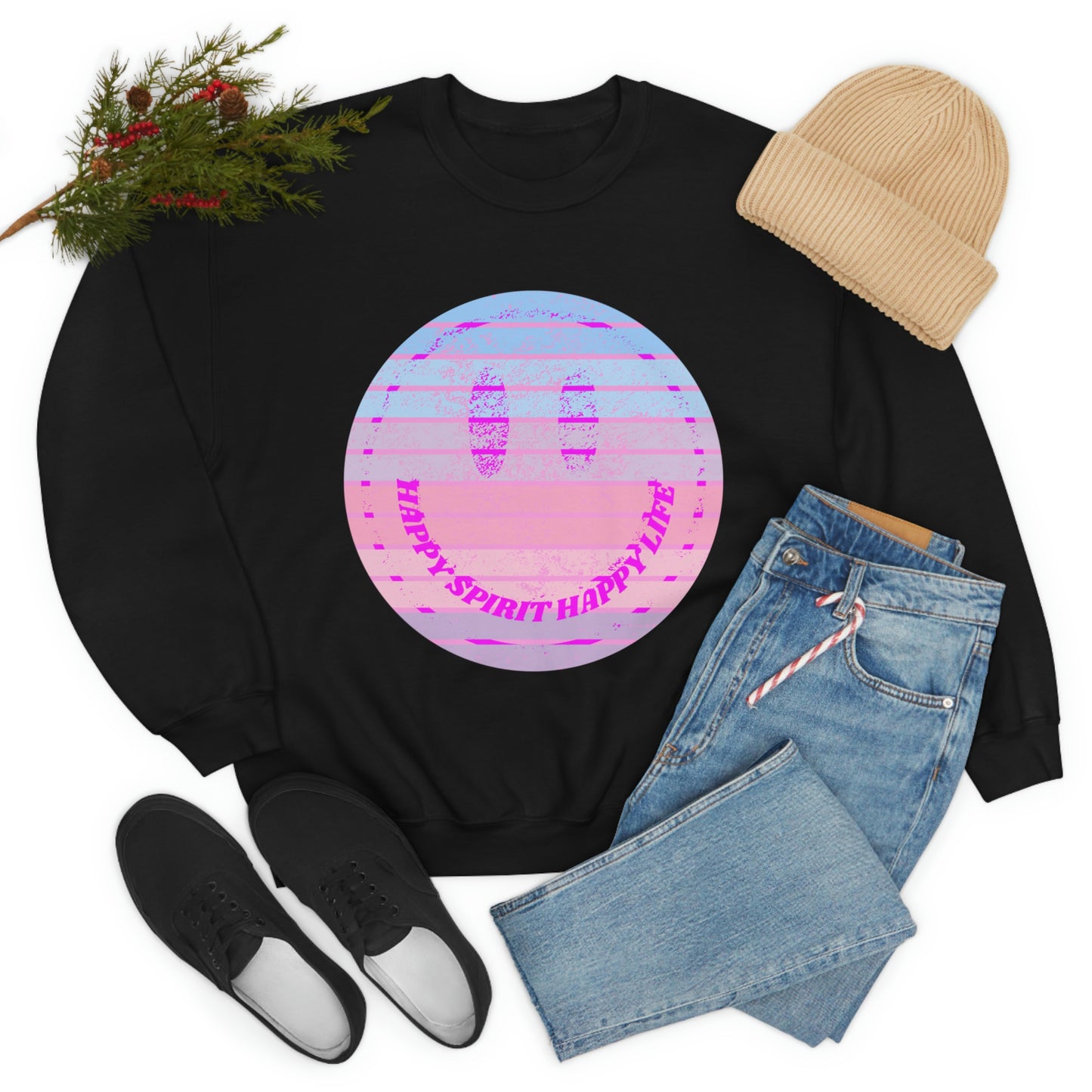 Happy Spirit Happy Life Sweatshirt, VSCO Girl Crewneck, Oversized Retro Font Graphic Tumblr, Front Print Smile Face Trendy Cover Up