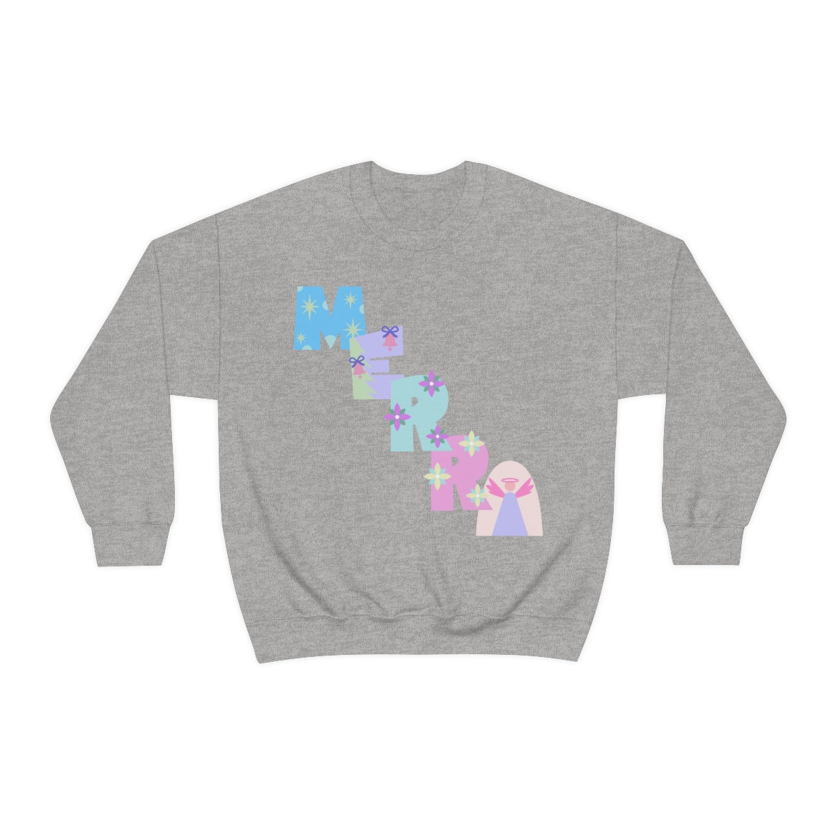 Pastel Christmas Sweatshirt, Holiday VSCO Girl Crewneck, Oversized Xmas Tumblr Sweater, Pastel Playful Letter Print Merry Trendy Sweatshirt