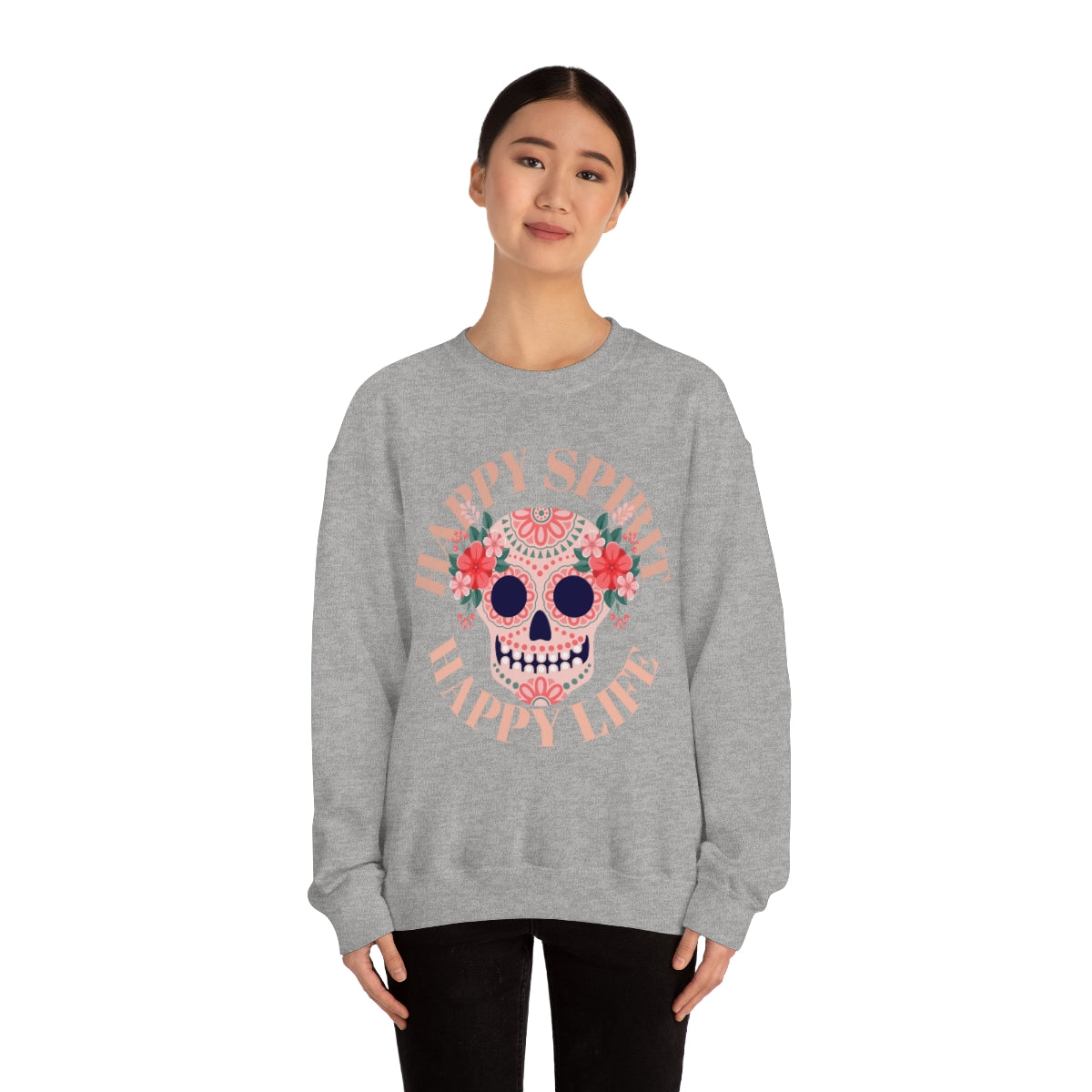 Dia De Los Muertos Crewneck Sweatshirt, Day of the Dead Gift, Happy Spirit Happy Life, Honoring the Dead Aesthetic Candy Skull, Sugar Skull