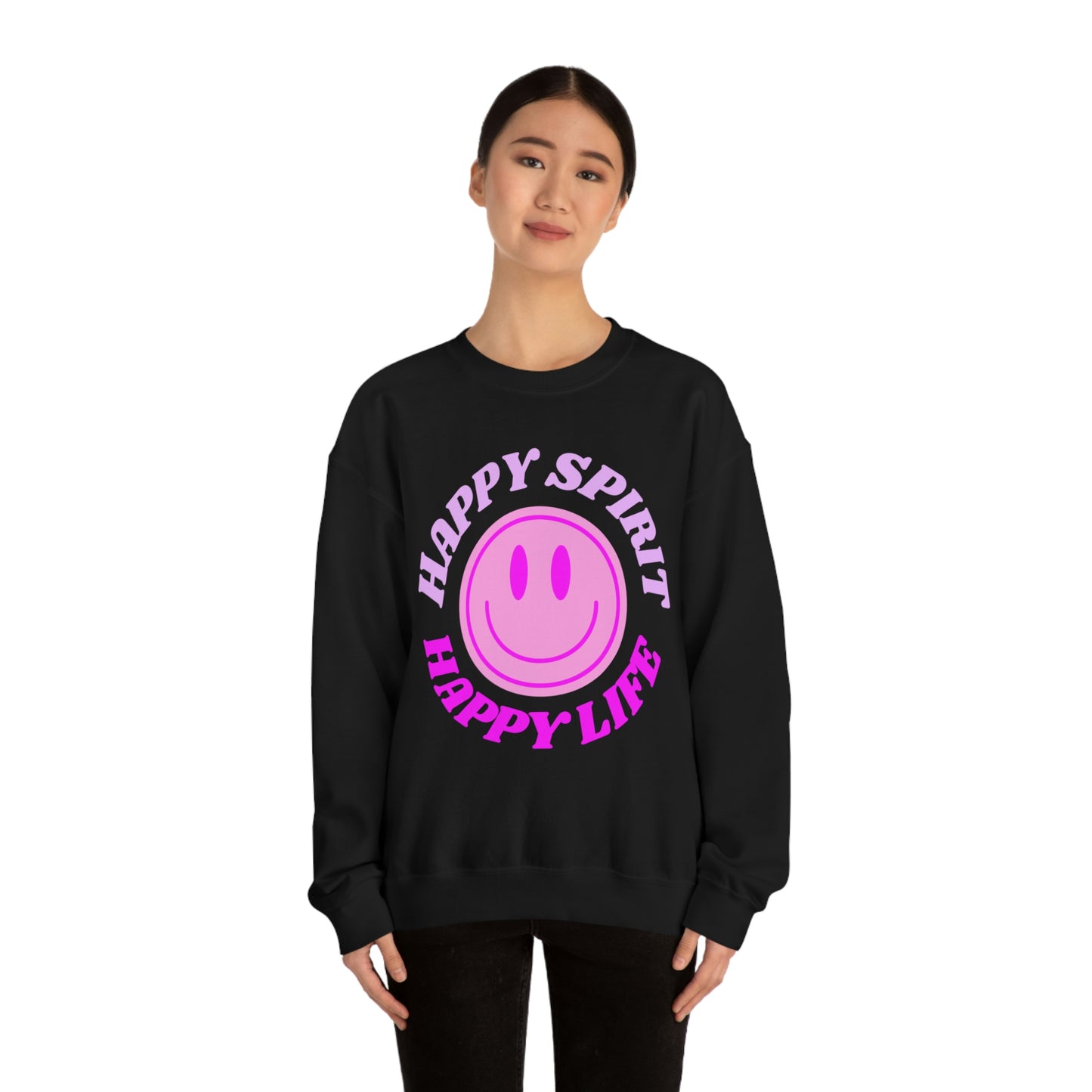 Happy Spirit Happy Life Sweatshirt, VSCO Girl Crewneck, Oversized Retro Font Graphic Tumblr, Front Print Smile Face Trendy Cover Up