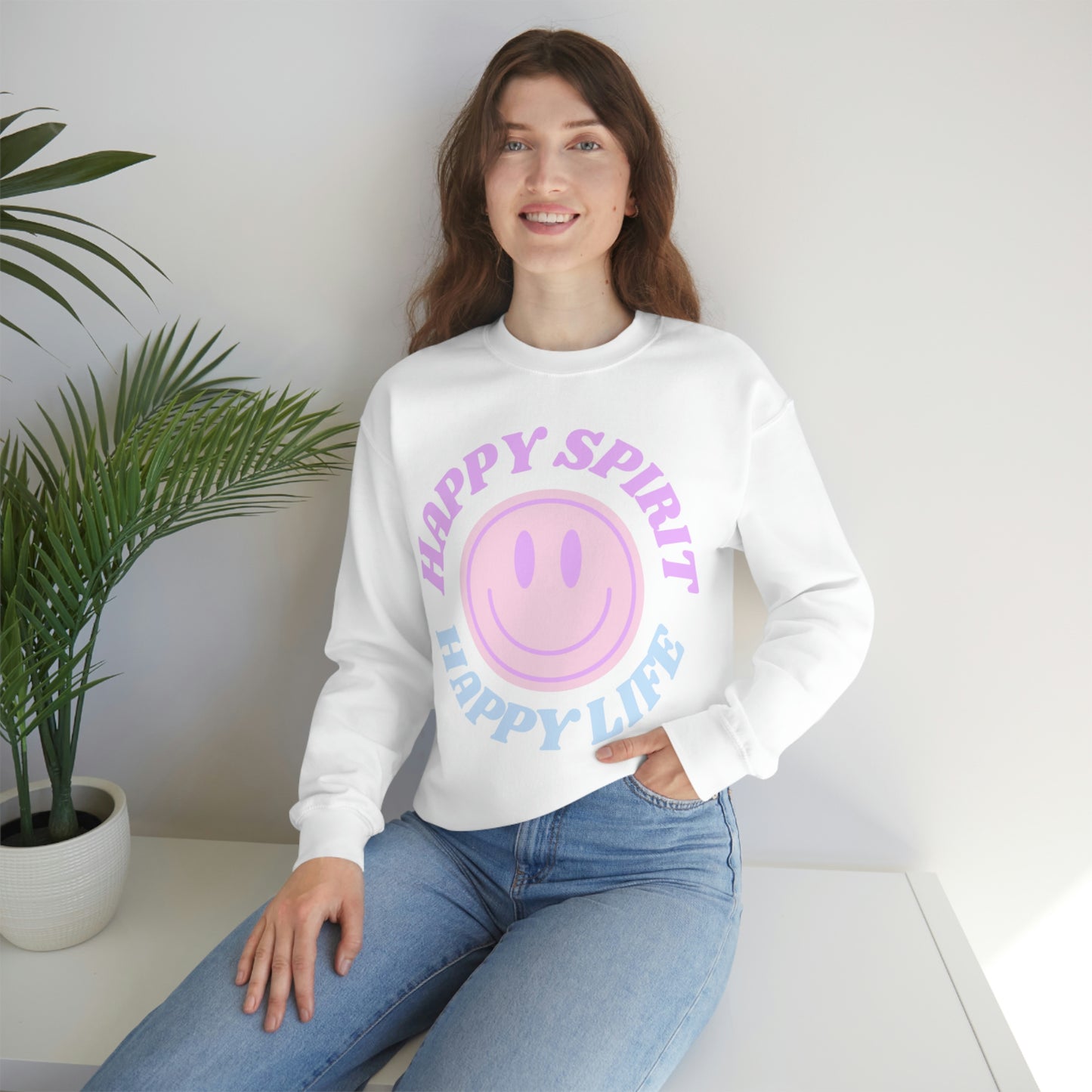 Happy Spirit Happy Life Sweatshirt, VSCO Girl Crewneck, Oversized Retro Font Graphic Tumblr, Front Print Smile Face Trendy Cover Up