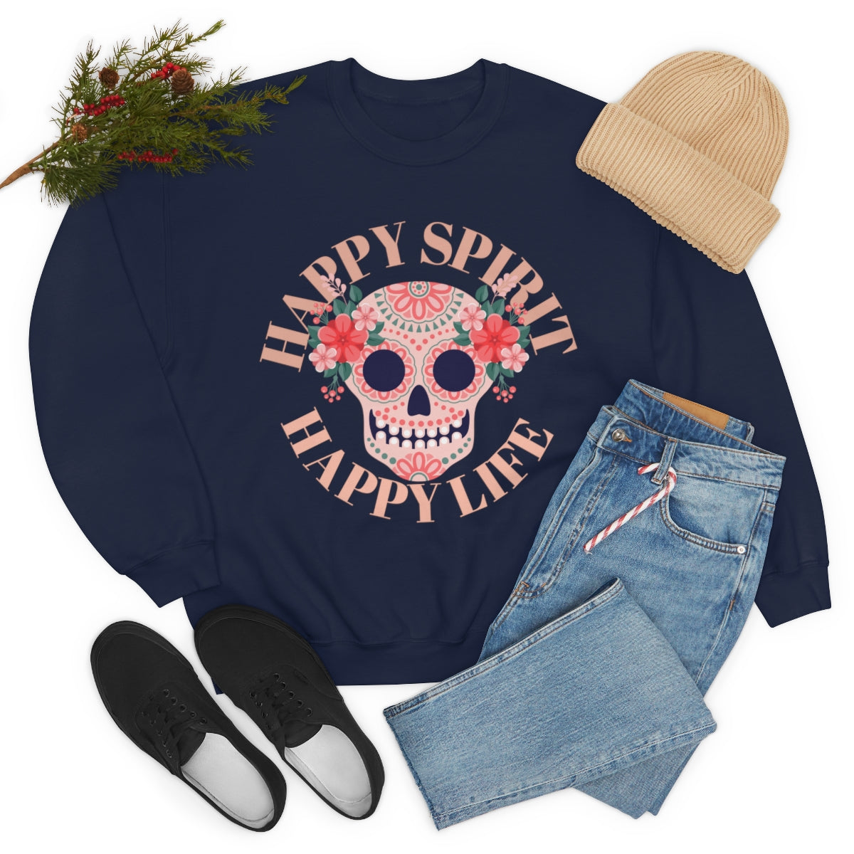 Dia De Los Muertos Crewneck Sweatshirt, Day of the Dead Gift, Happy Spirit Happy Life, Honoring the Dead Aesthetic Candy Skull, Sugar Skull