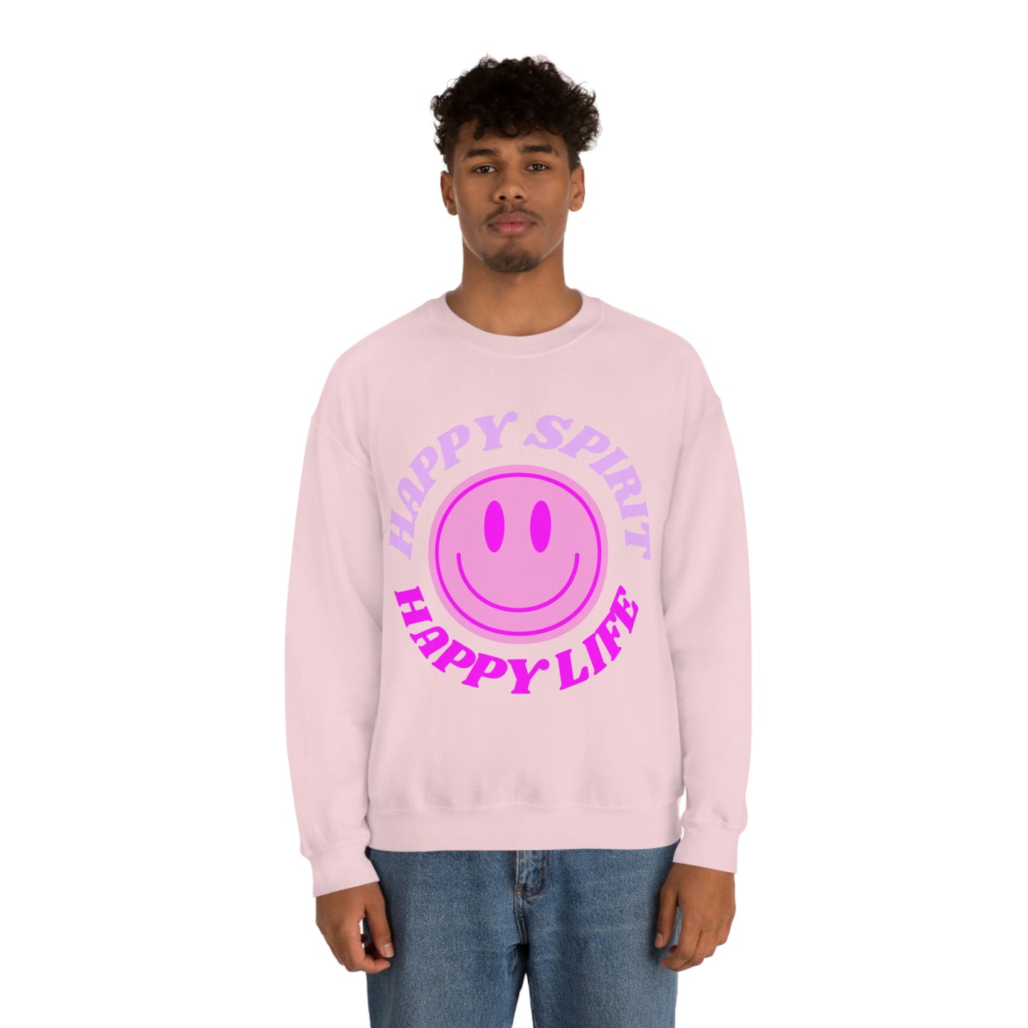 Happy Spirit Happy Life Sweatshirt, VSCO Girl Crewneck, Oversized Retro Font Graphic Tumblr, Front Print Smile Face Trendy Cover Up